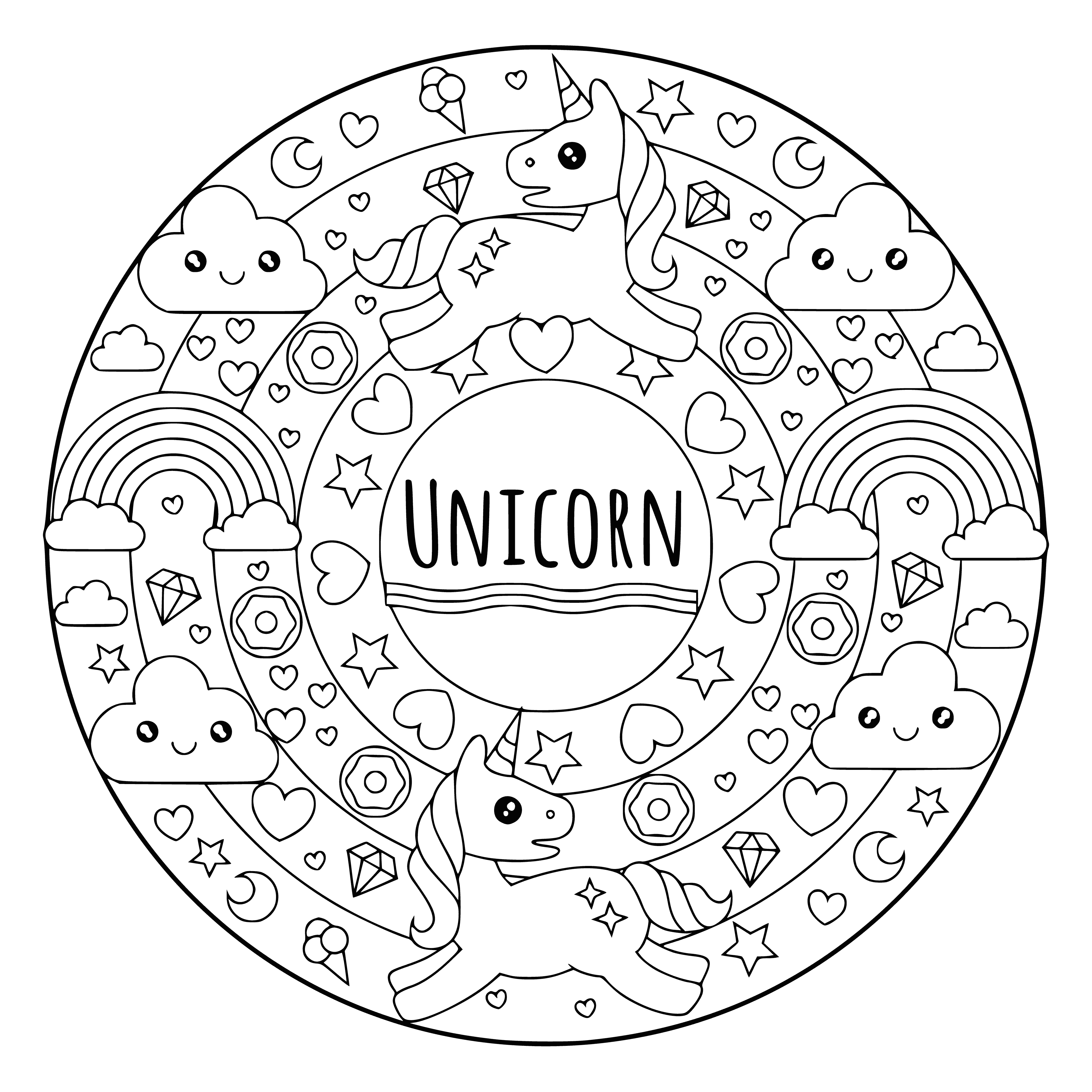 coloring page: Mandala w/ unicorn in center- flowing mane/tail, horn on forehead; geom. pattern w/ stars & hearts.