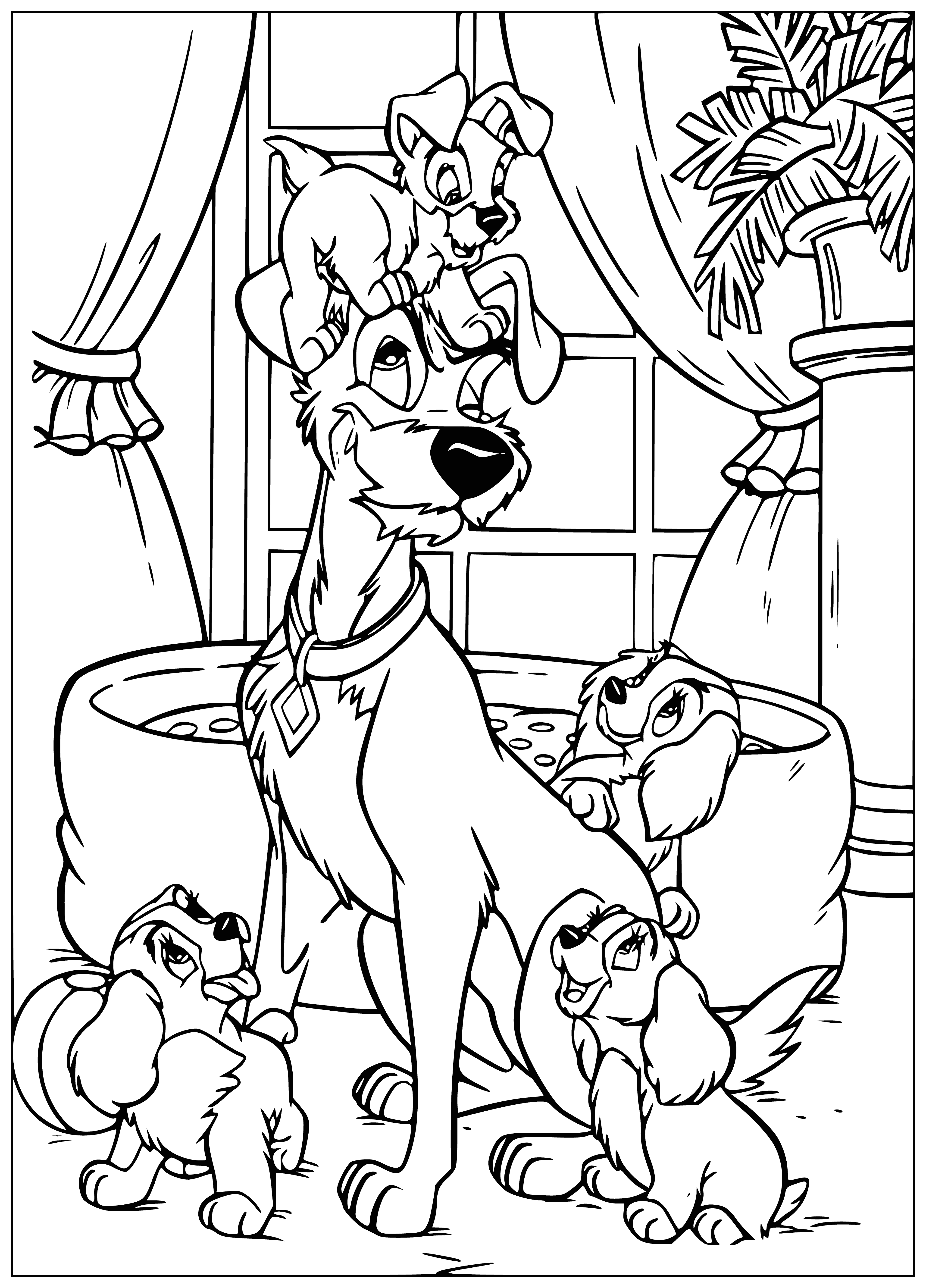 coloring page: Restless puppy chews bone on bed of straw, mom-dog watching with concern.