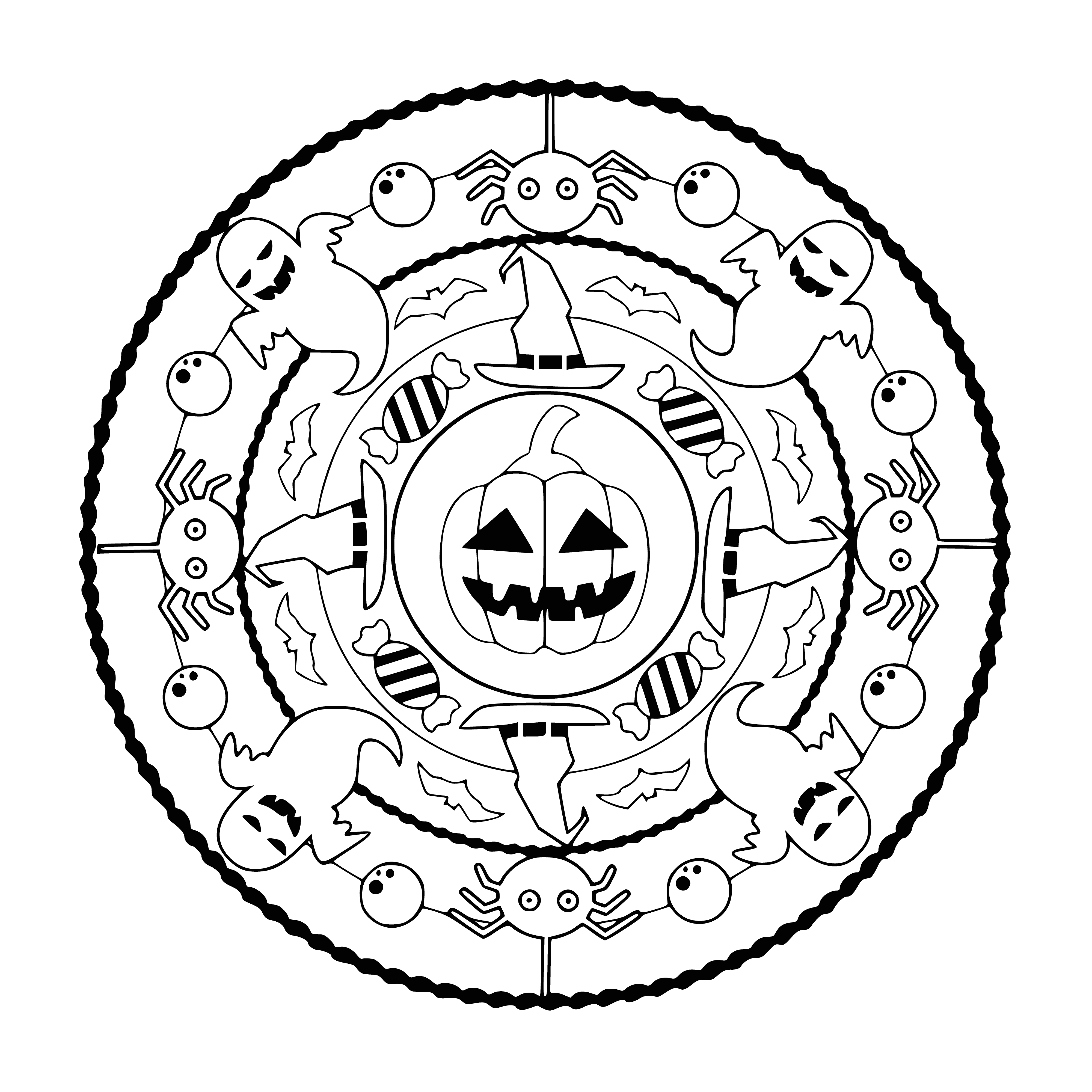 coloring page: Color Halloween symbols like ghosts, bats, pumpkins in this mandala coloring page!