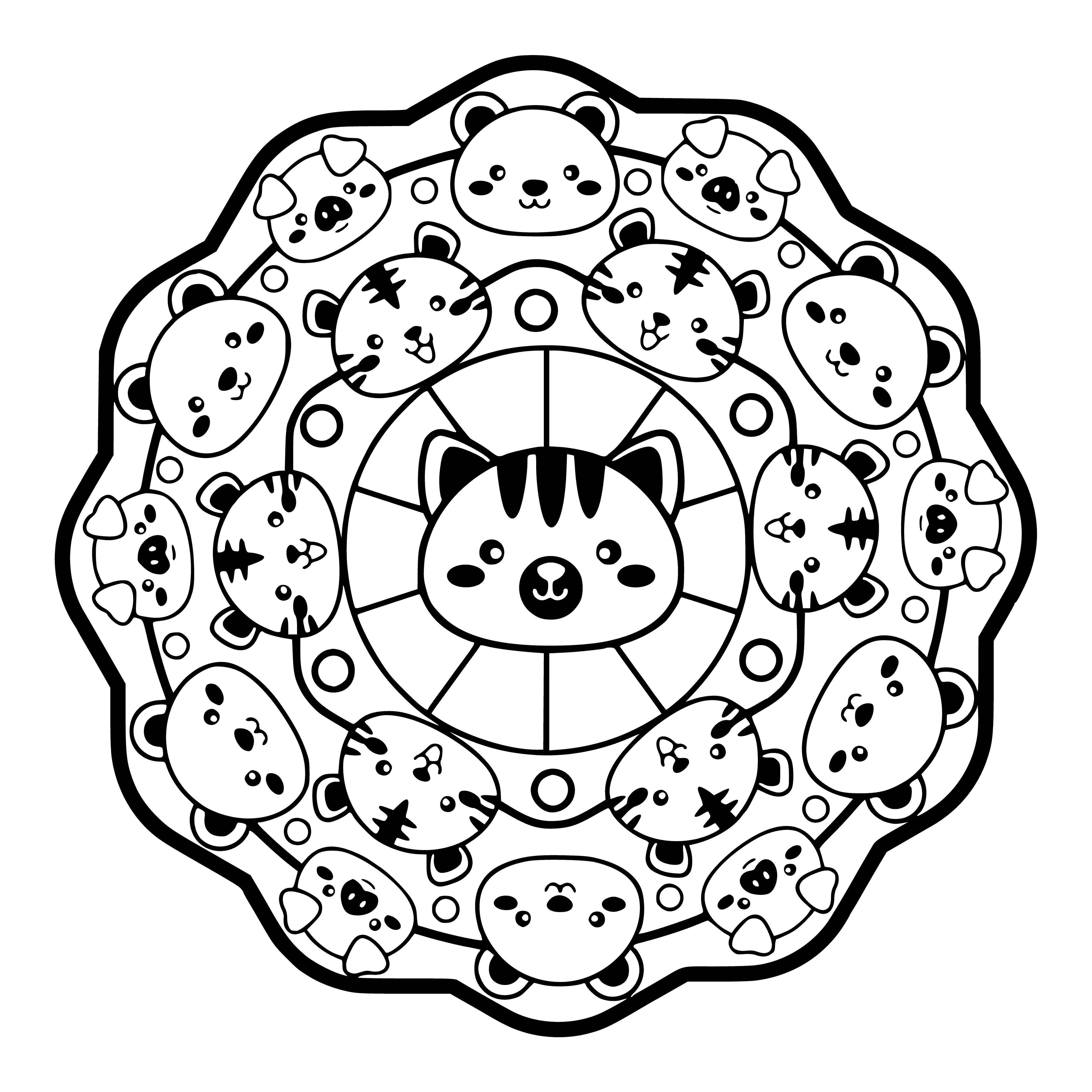 coloring page: A mandala featuring animals is typically a symmetrical circular design centered around a main animal, with the rest filled with other animals.