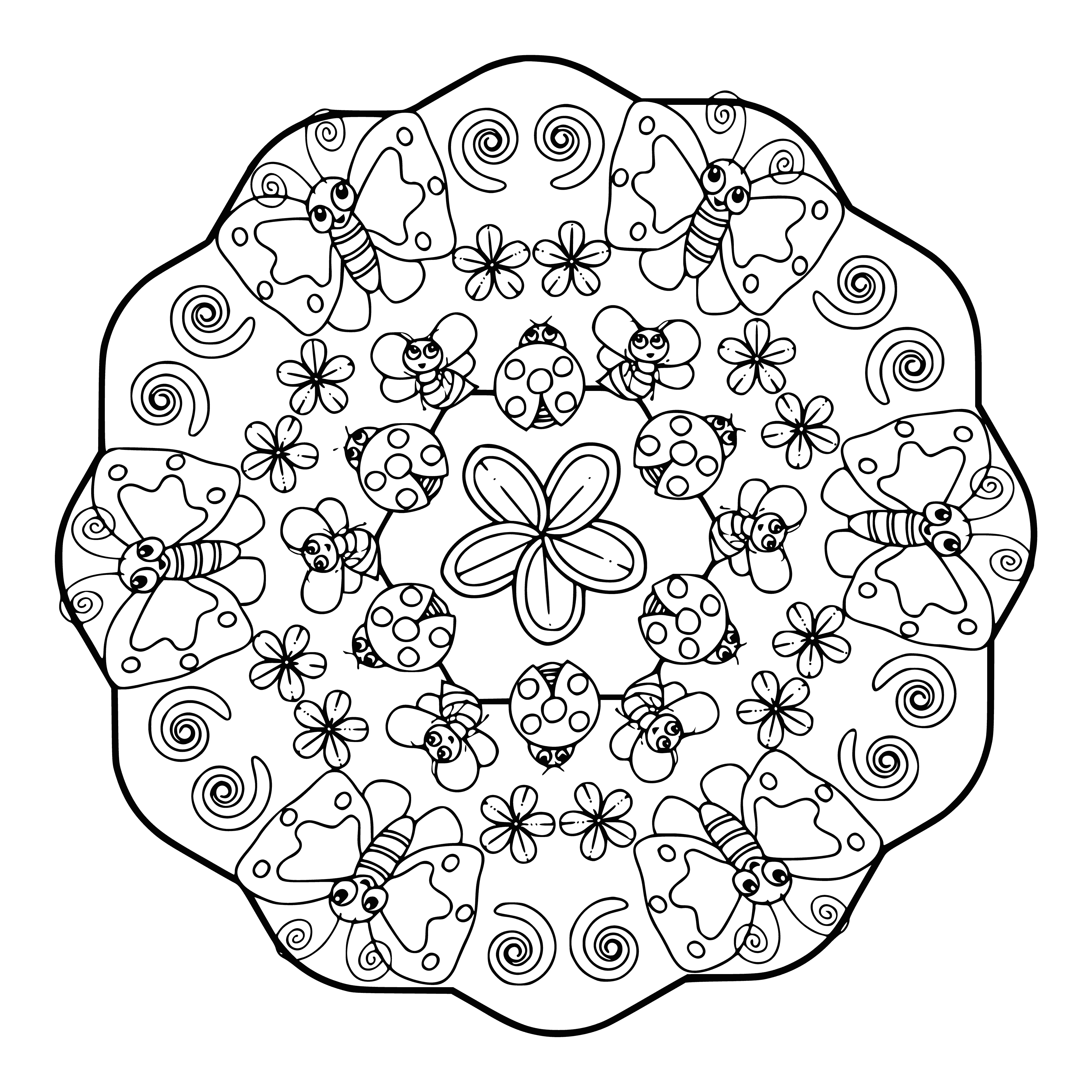 coloring page: Many shapes in bright colors form a mandala w/a central circle & other circles around it. Triangles, diamonds & more make it vibrant & unique.