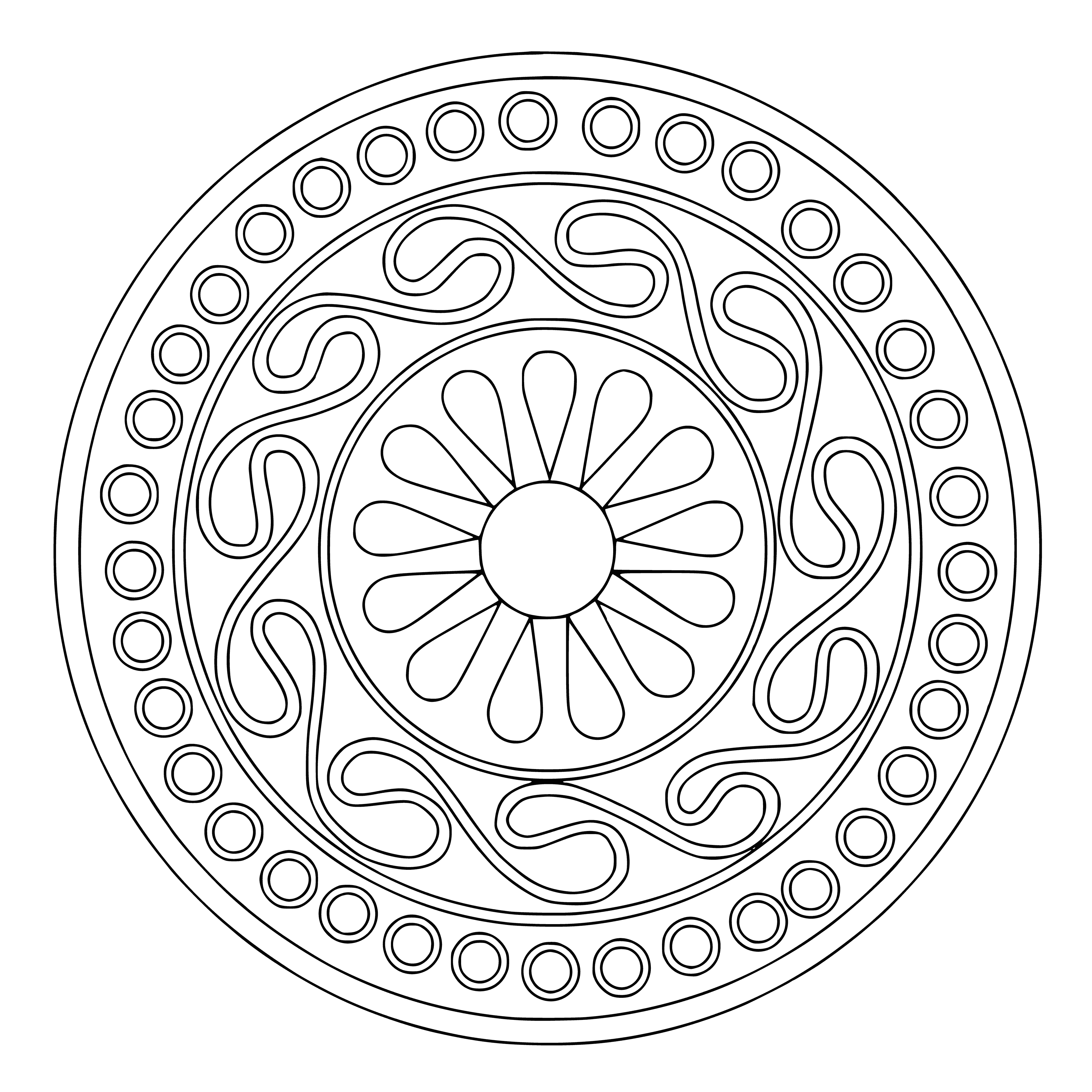 coloring page: Beautiful mandala coloring page features intricate patterns, geometric and organic shapes, and a variety of colors -- a design perfect for coloring and relaxing.