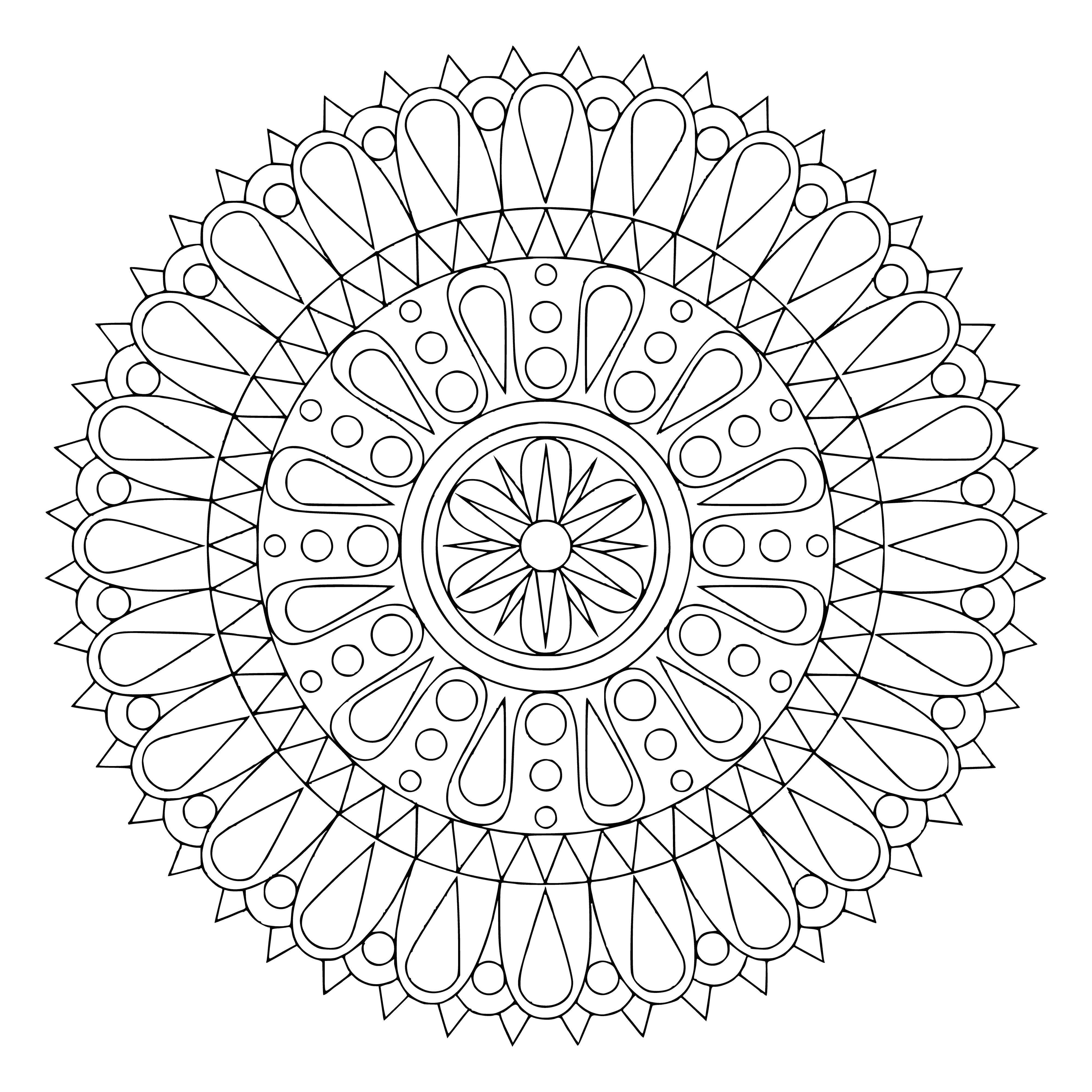 coloring page: Bright, varied circles create beautiful, intricate mandala with increasing intricacy and detail as one approaches the center.
