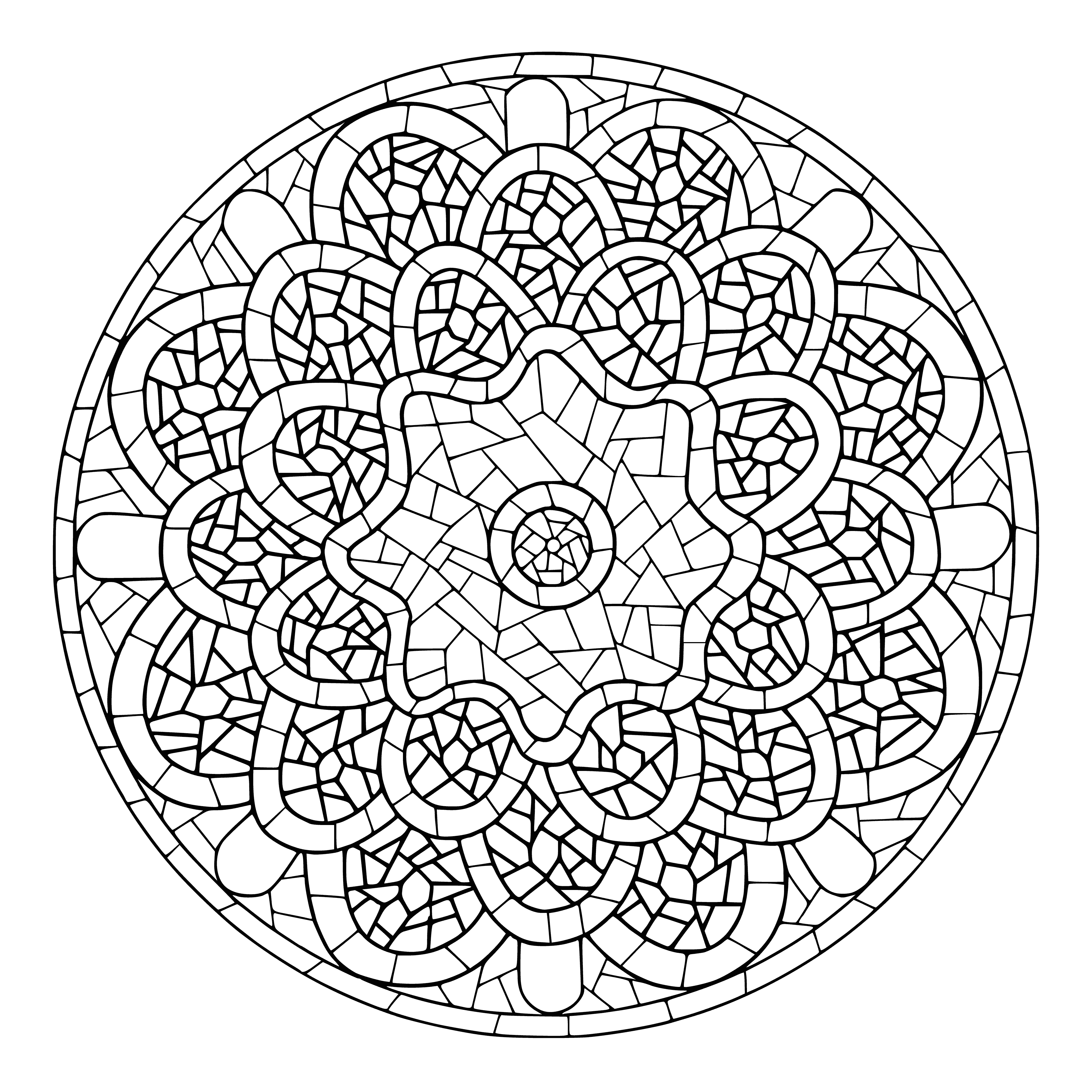 coloring page: Intricate designs & colorful details fill a large center & smaller circles around it in a mandala.