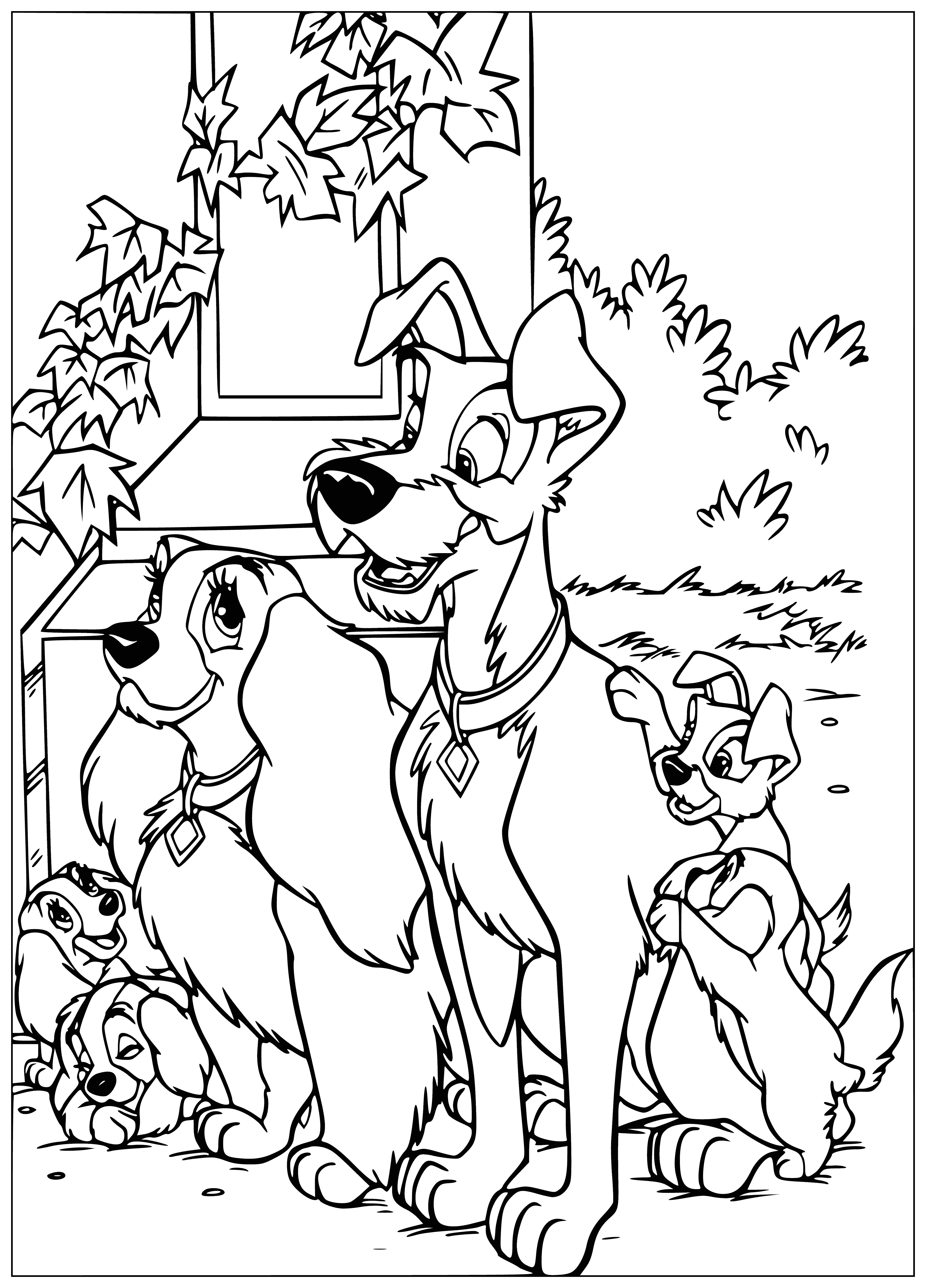 coloring page: Lady finds family and love, but Tramp can only sit and watch. He feels left out despite his own loving relationship. #LoveAndFamily