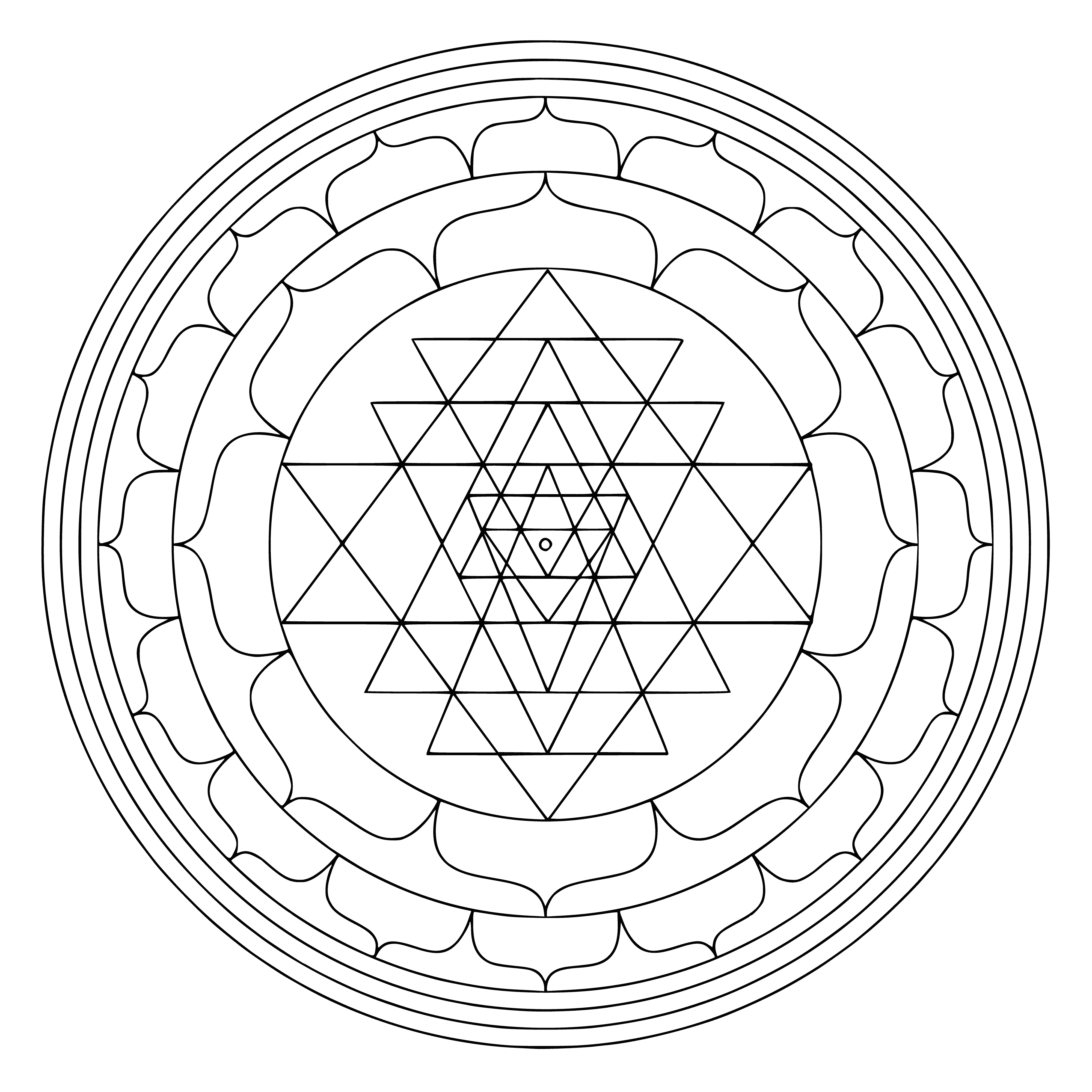 coloring page: A mandala of balance & harmony w/ a 4-petaled lotus in the center & 8 petals around it, surrounded by triangles pointing inward.