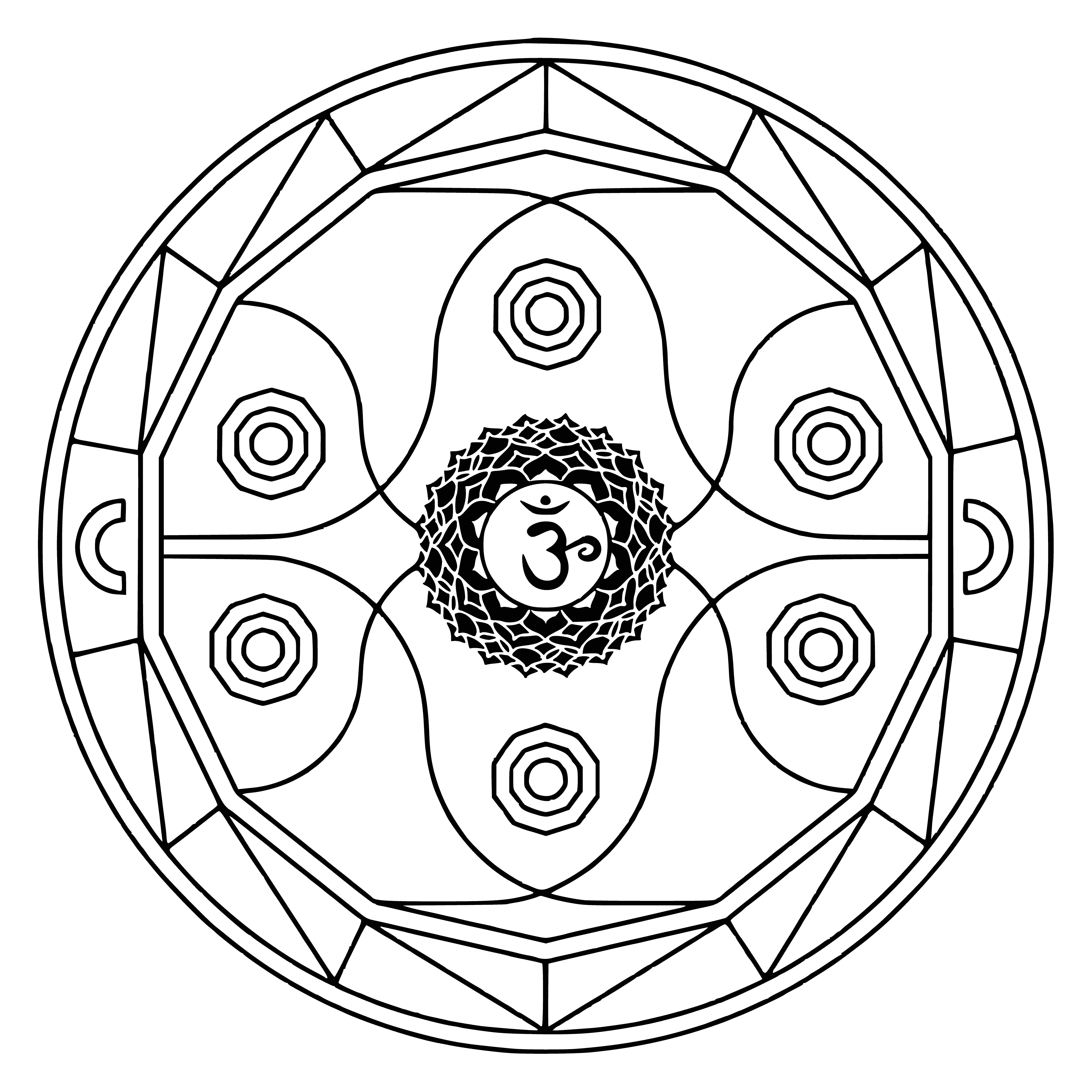coloring page: Mandala has central lotus flower of yellow, orange, red, 8 spokes ending in blue circles, geometric shapes in multiple colors, & top crescent moon in blue.