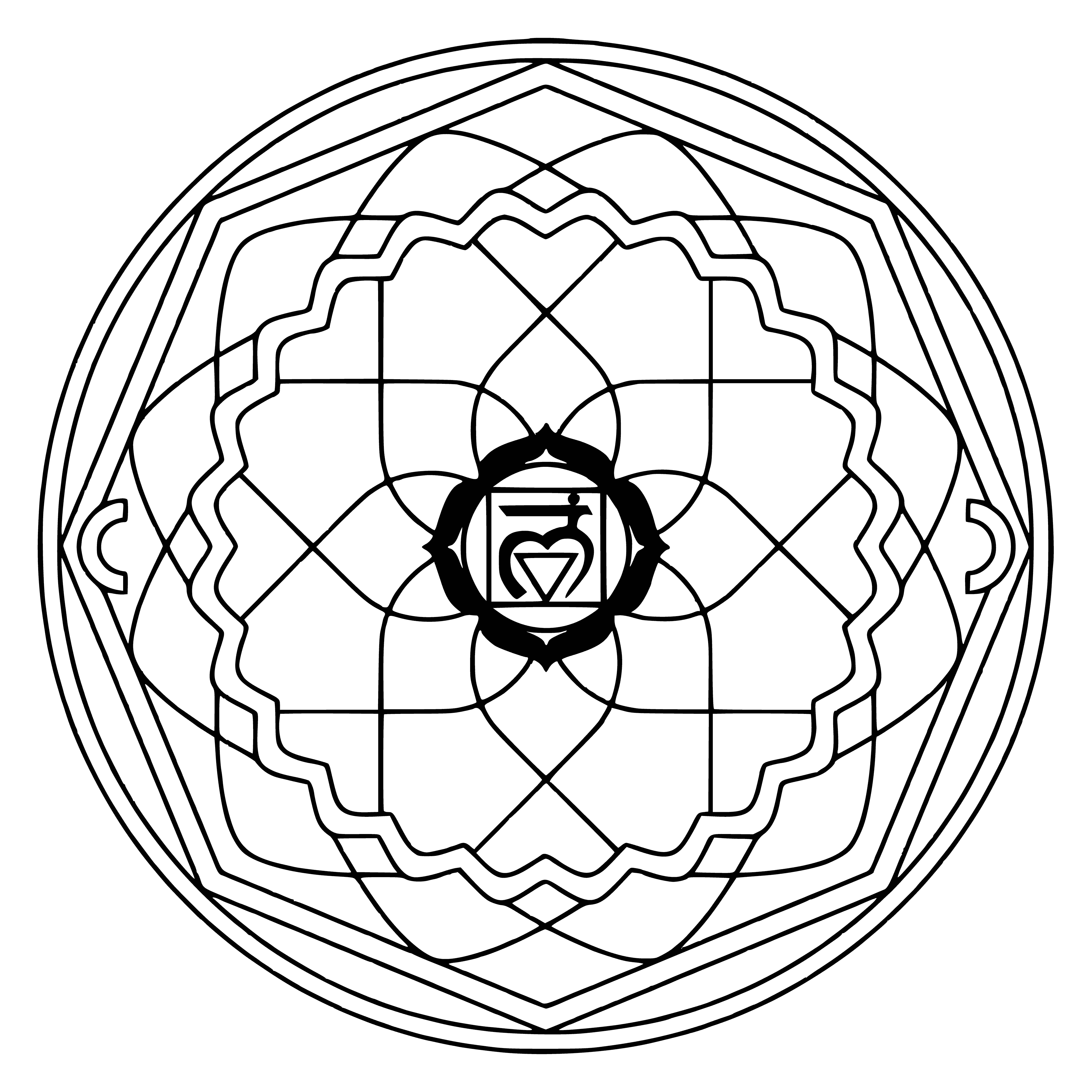 coloring page: Mandala of Muladhara Chakra symbolizing earth element, with 8 petals, 3 colored triangles, and blue/white border.