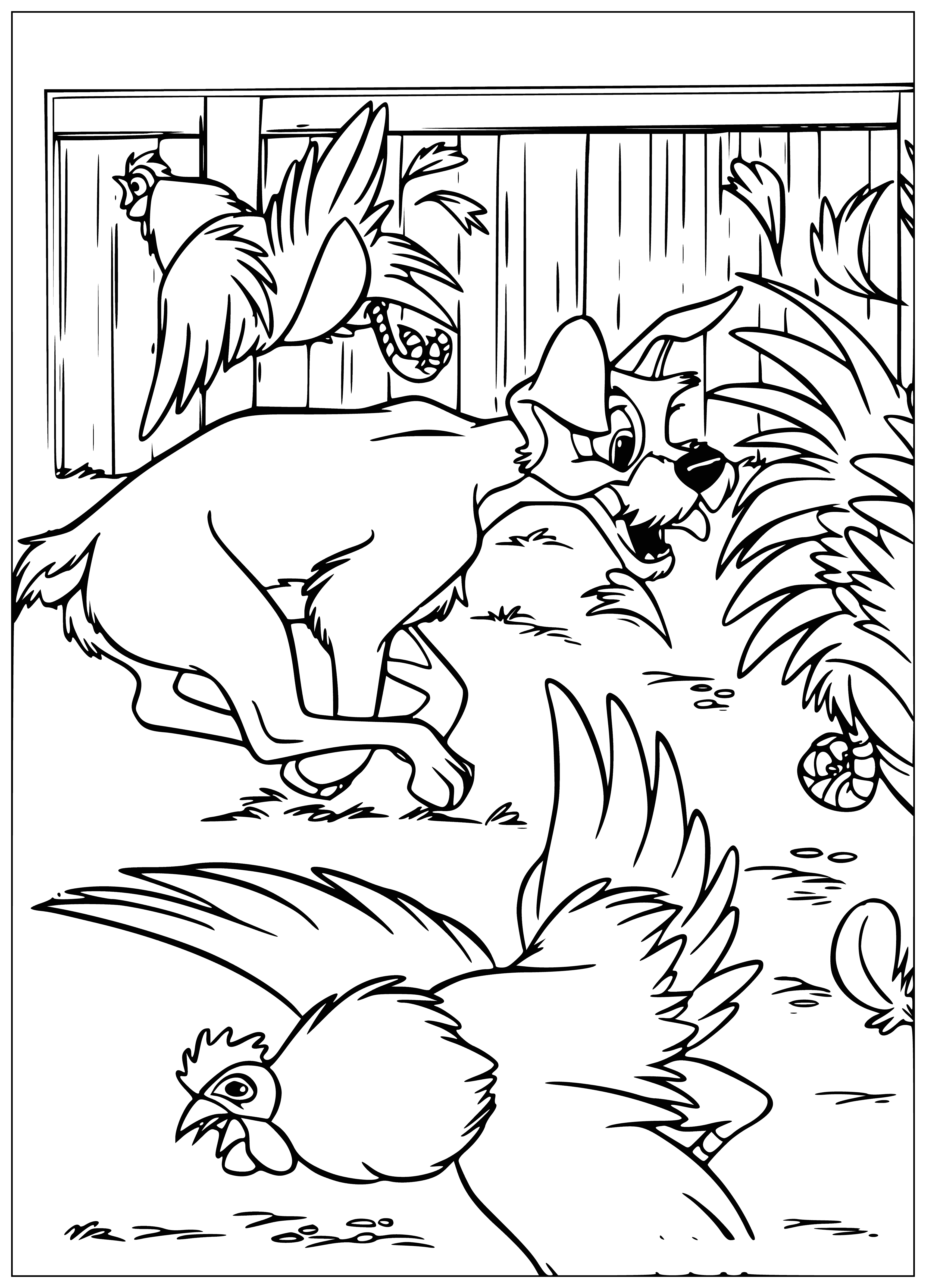 coloring page: Man & woman sit at a table -- woman holds chicken, man holds leash attached to brown & white dog by her feet.