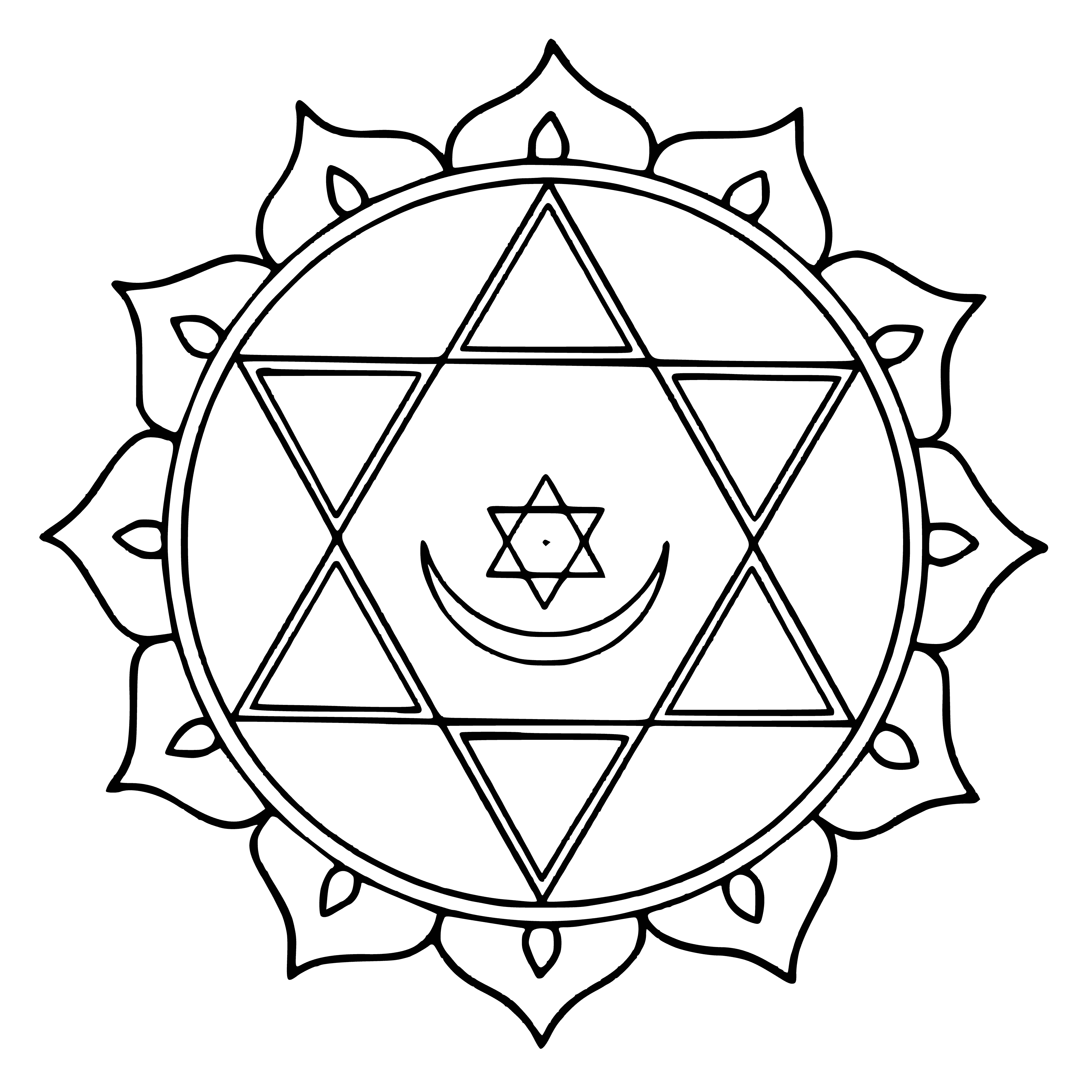 coloring page: A symmetrical mandala with a hexagram in the center, surrounded by a six-pointed circle in black, white, & gray.