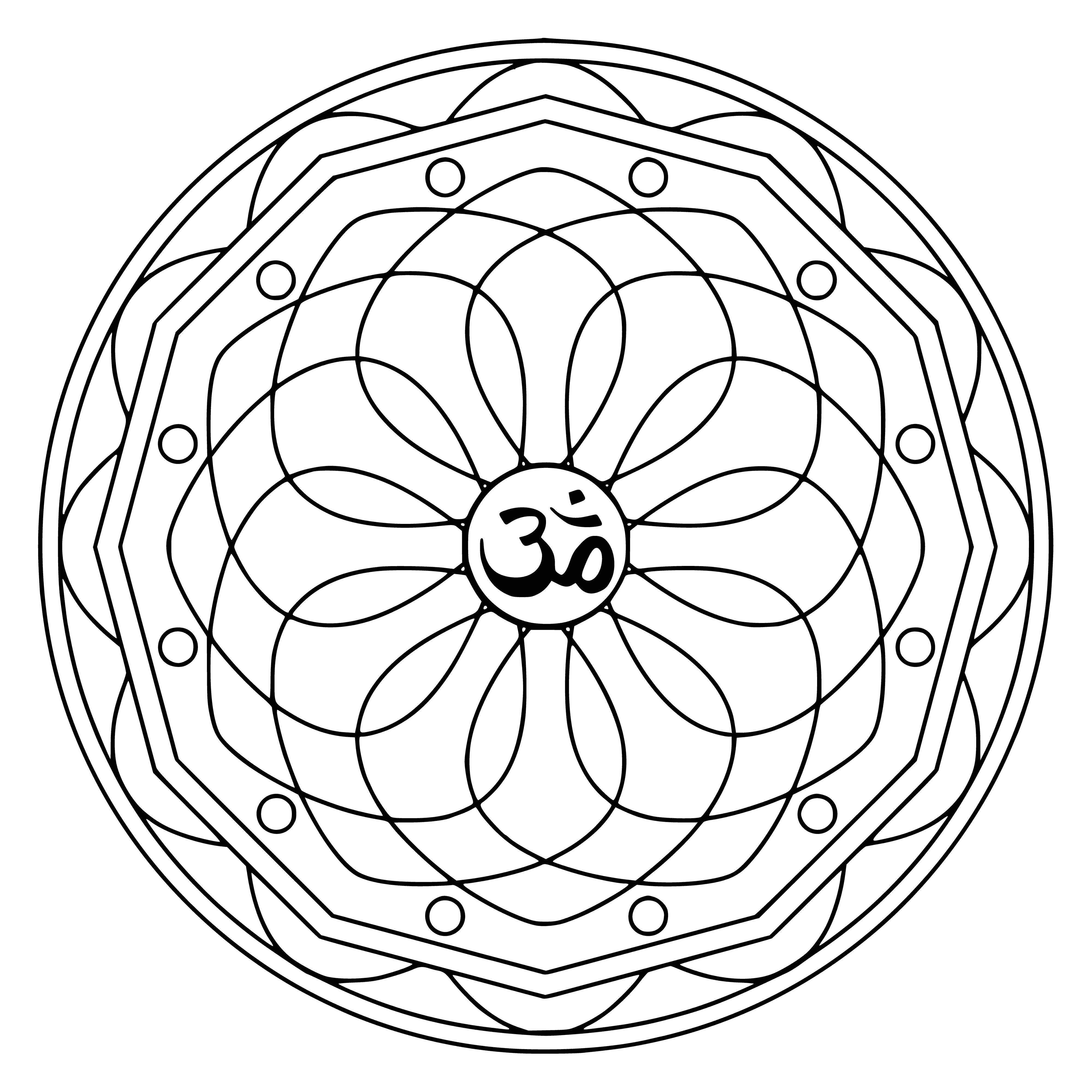 coloring page: A mandala is a symmetrical design made up of circles, triangles & squares, with Om in the center. Colors are calming. Balance & harmony are felt. #Mandala #meditation #Om