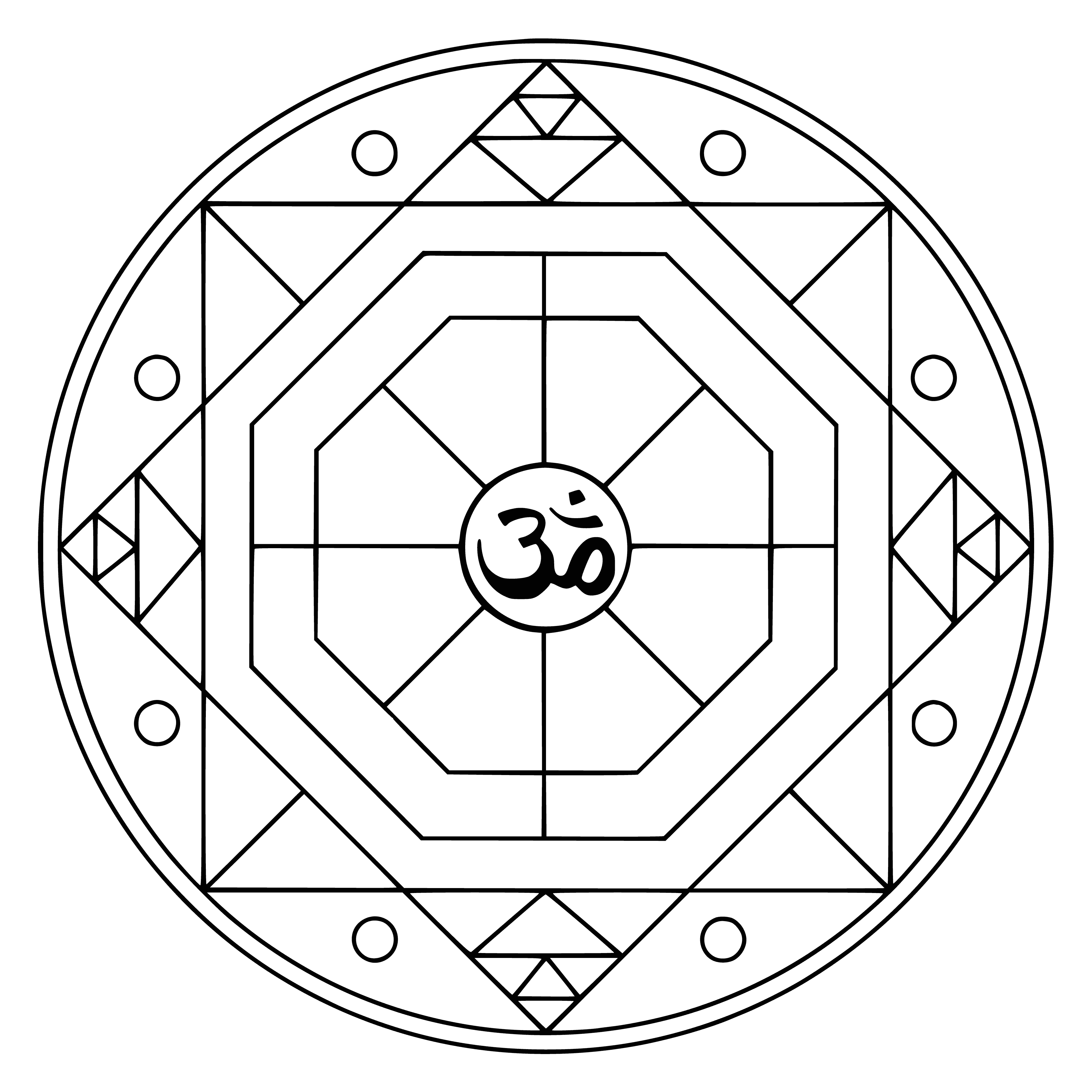 coloring page: Geometric mandala with Om symbol & vivid colors radiating outwards from center: blues, purple, pink.
