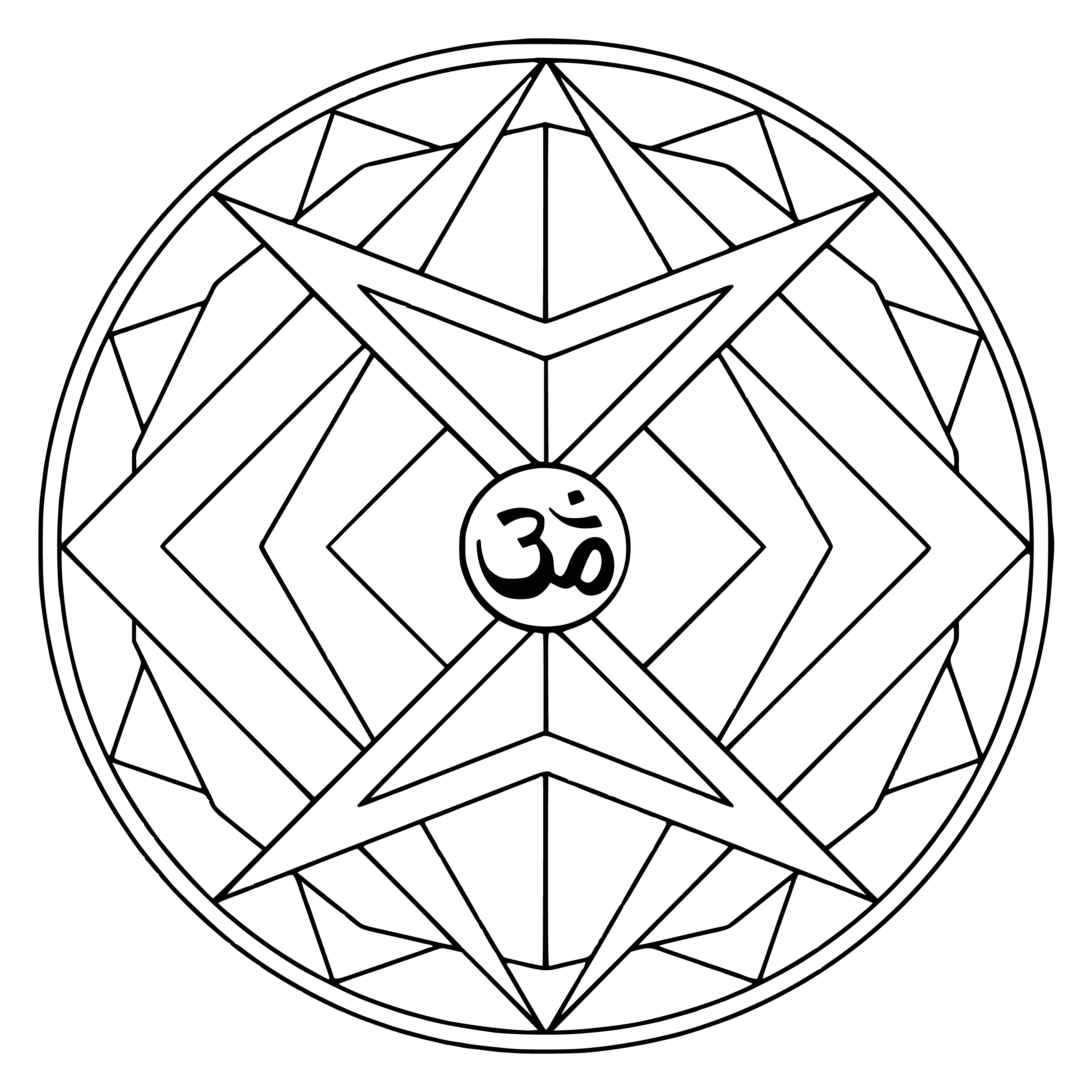 coloring page: Mandala w/ geometric design & Om symbol surrounded by border w/ different patterns.