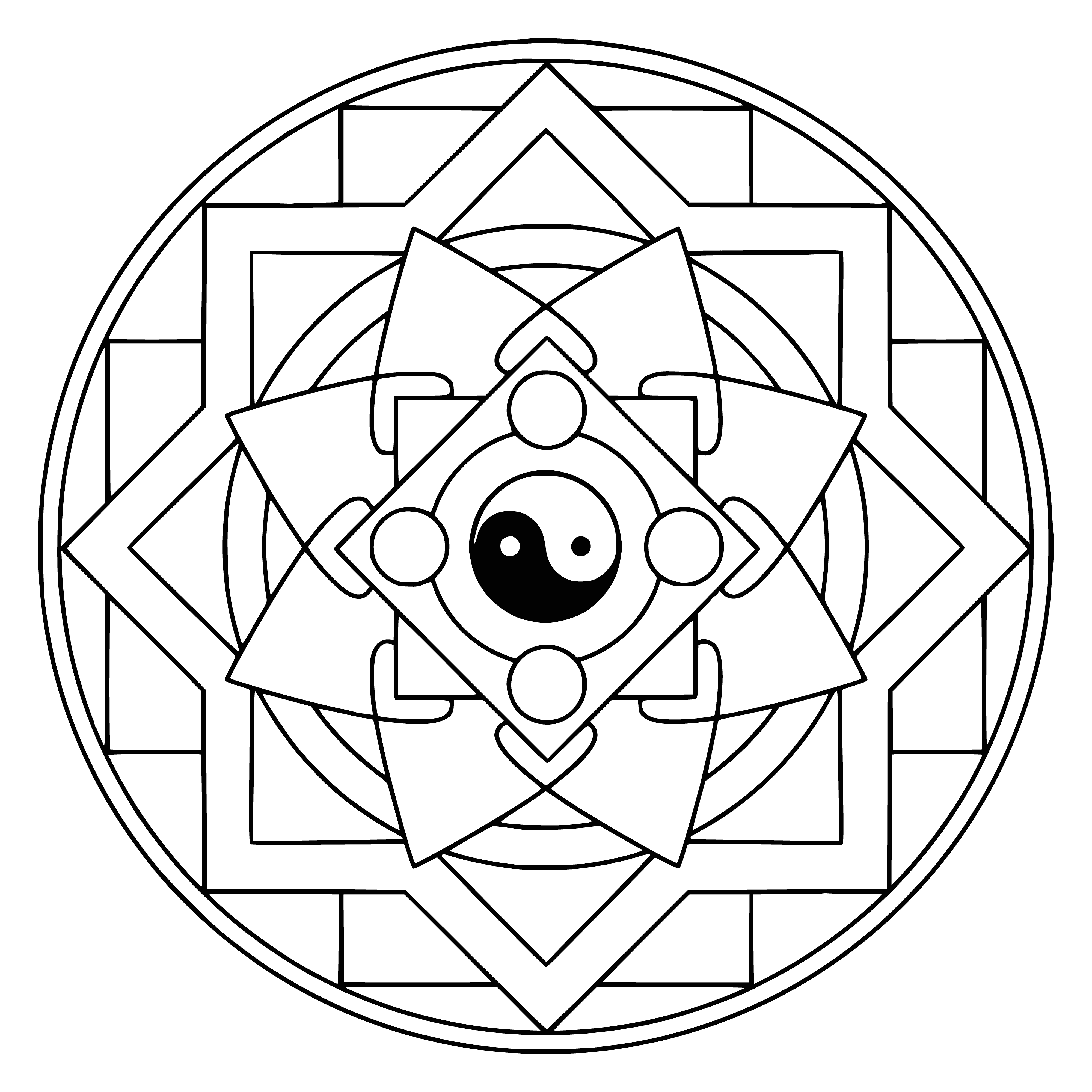 coloring page: Colourful yin yang mandala w/ four quadrants separated by cross & surrounded by a circle.