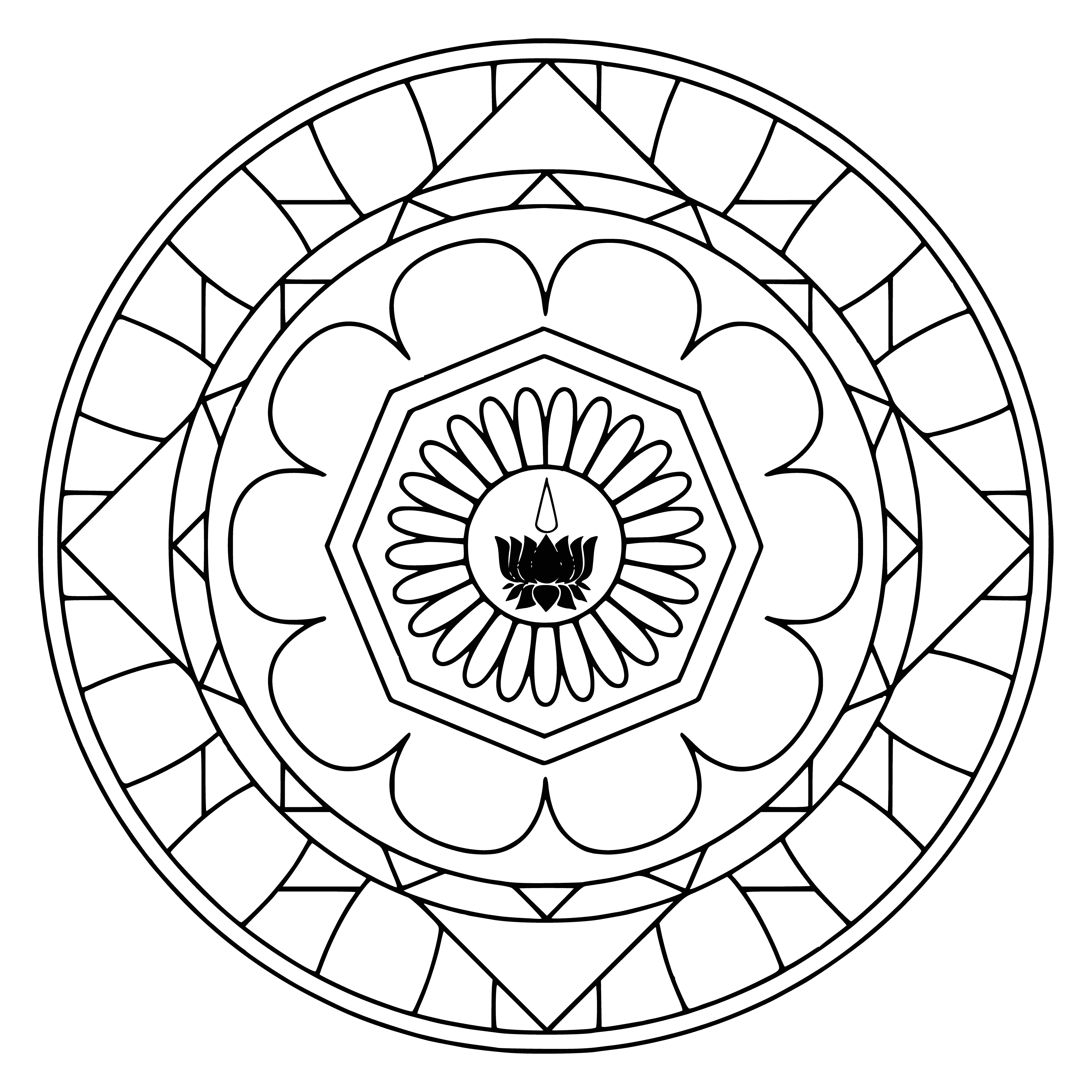 coloring page: A Mandala Coloring Page featuring Ayyavazhi symbol in the center surrounded by a square with Aum symbols in corners & geometric patterns.