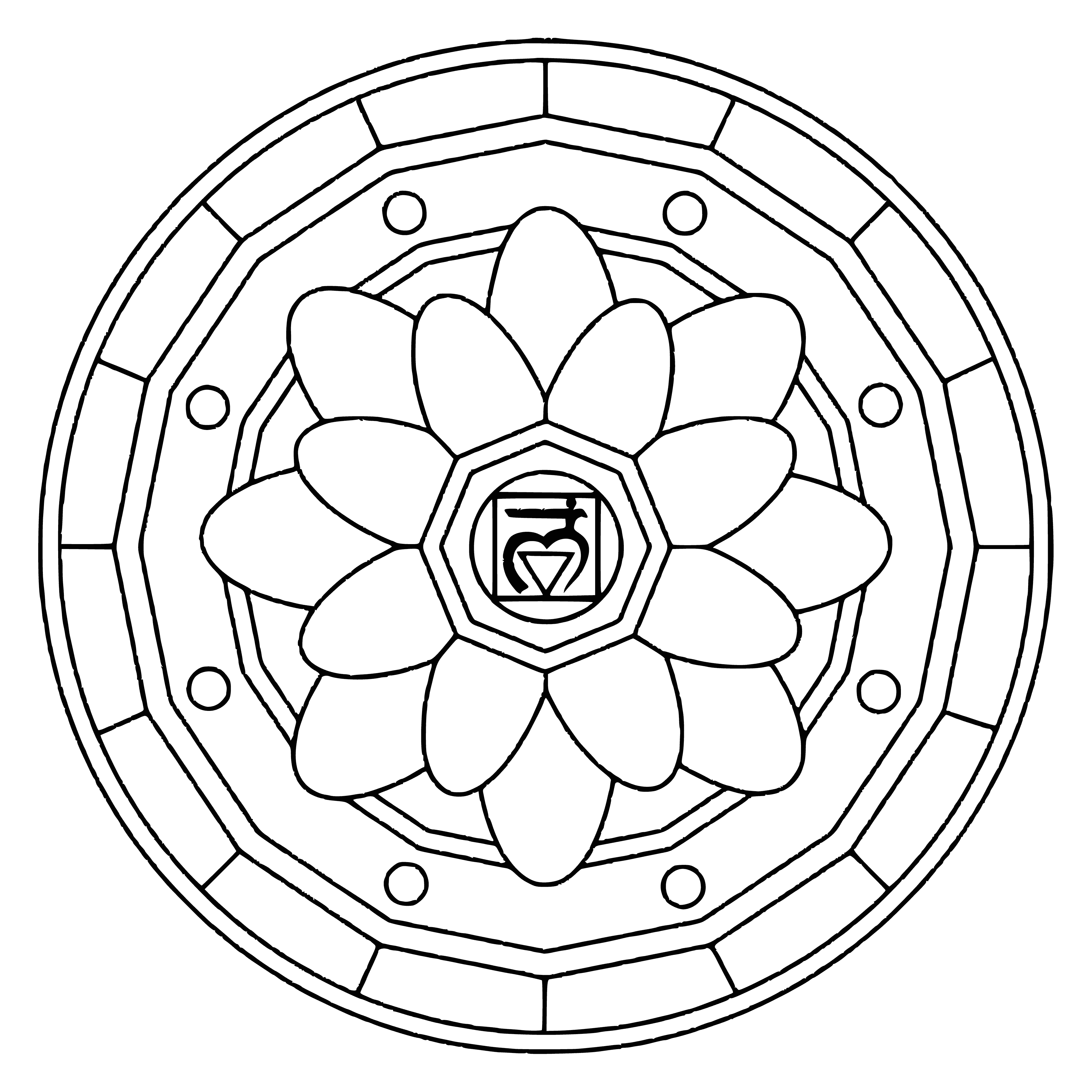 coloring page: Mandala with Muladhara symbol is a circular diagram, 8 circles rep chakras of different colors, with a center lotus of 4 colored petals.
