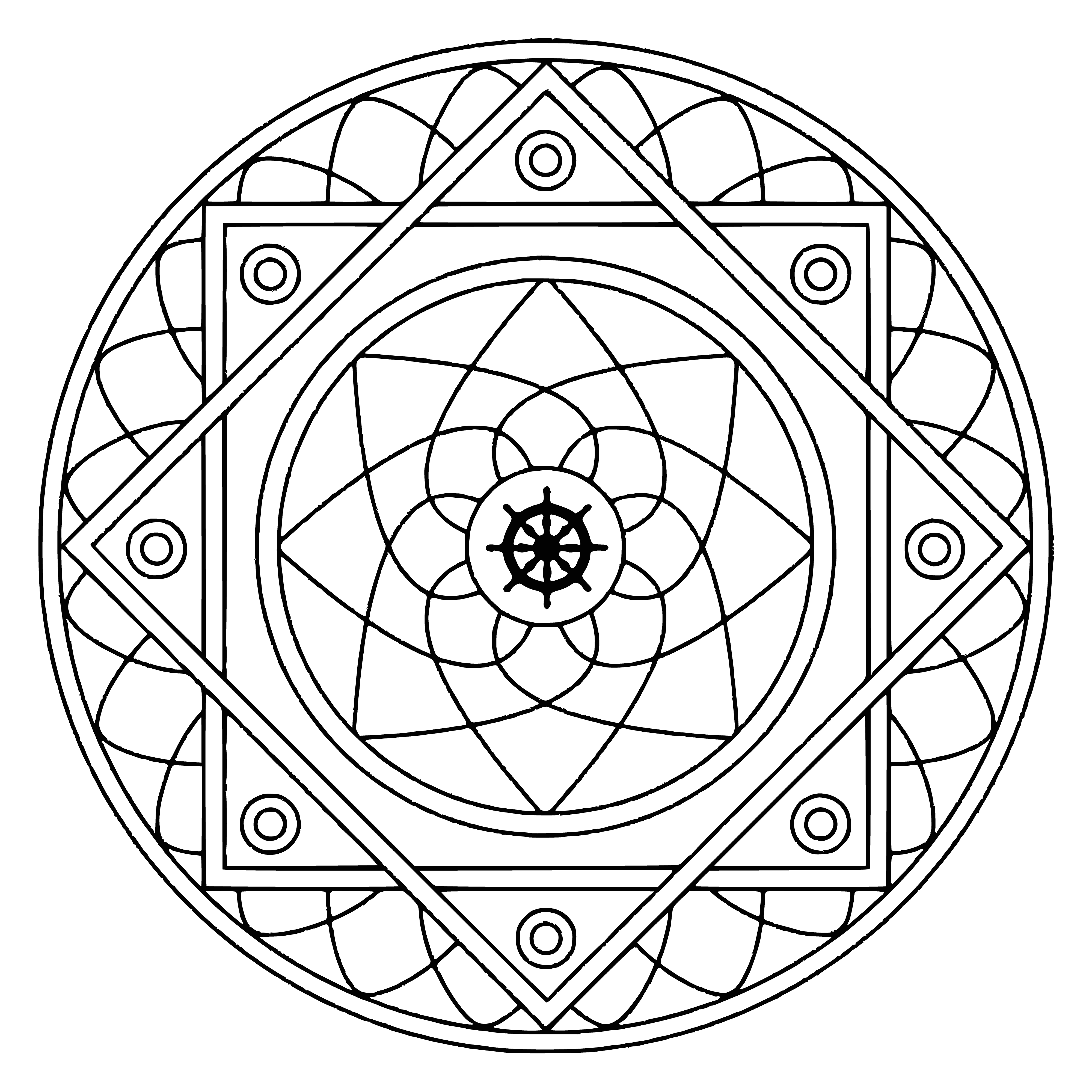 coloring page: A Mandala coloring page with a central symbol surrounded by smaller circles with different colors. #coloringpage #mandala #samsara