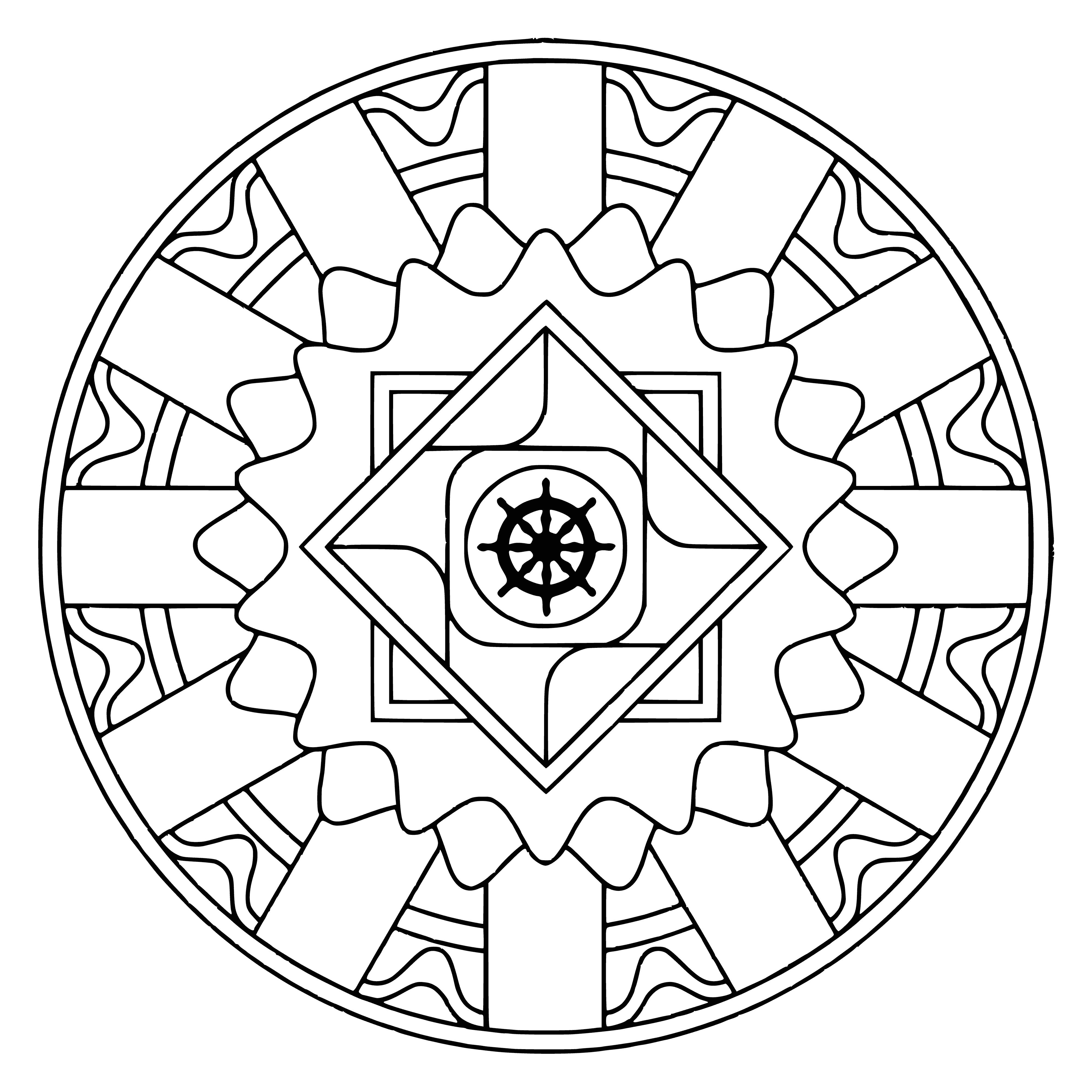 coloring page: A large circle w/wheel of samsara in center & intricate patterns on outermost layer. Colors incl. blue, green, yellow, & orange—very vibrant.