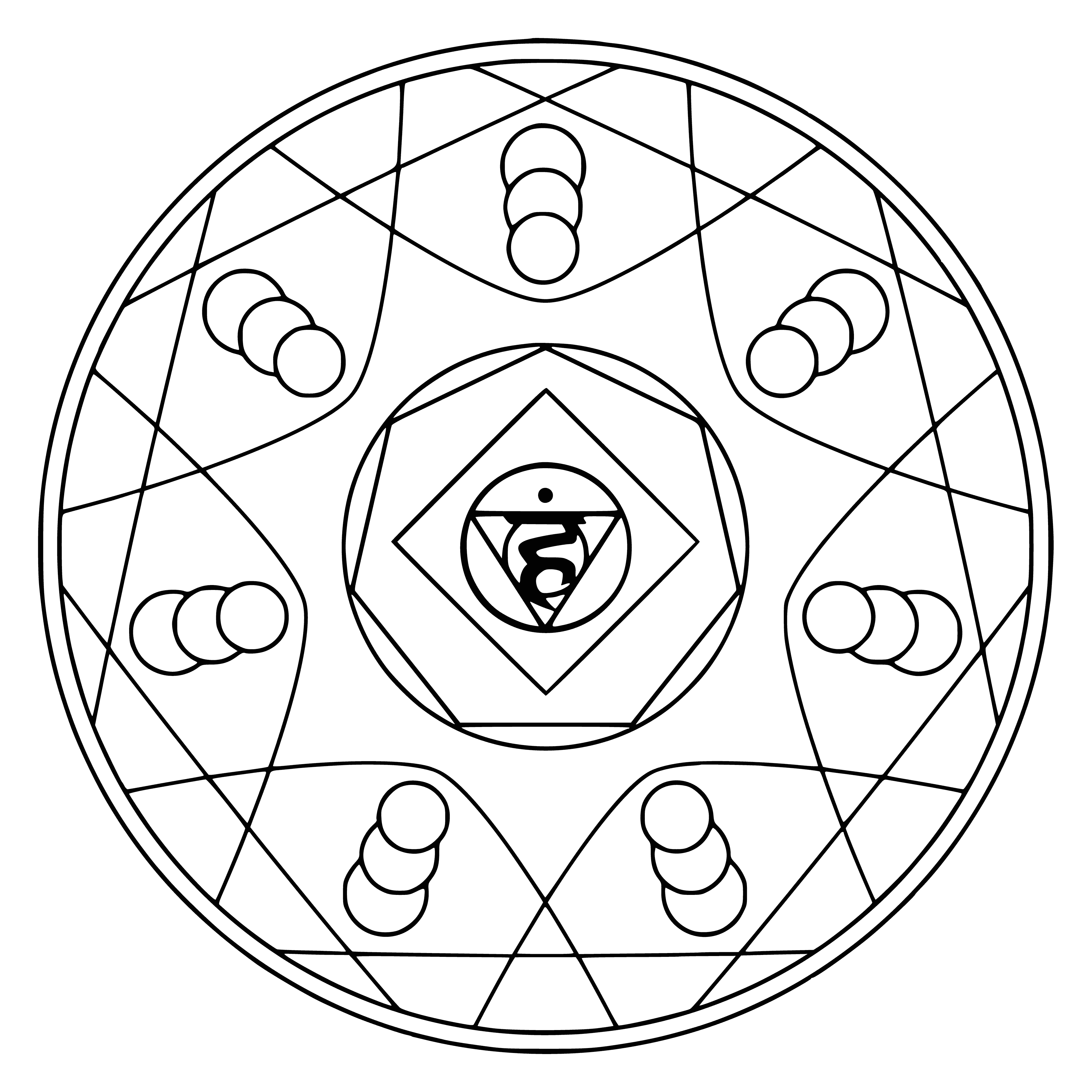 coloring page: Mandalas symbolize the cosmic order and contain designs with a central point and four quadrants, each with a different symbol. Symbol of Vishudha is found in the center.