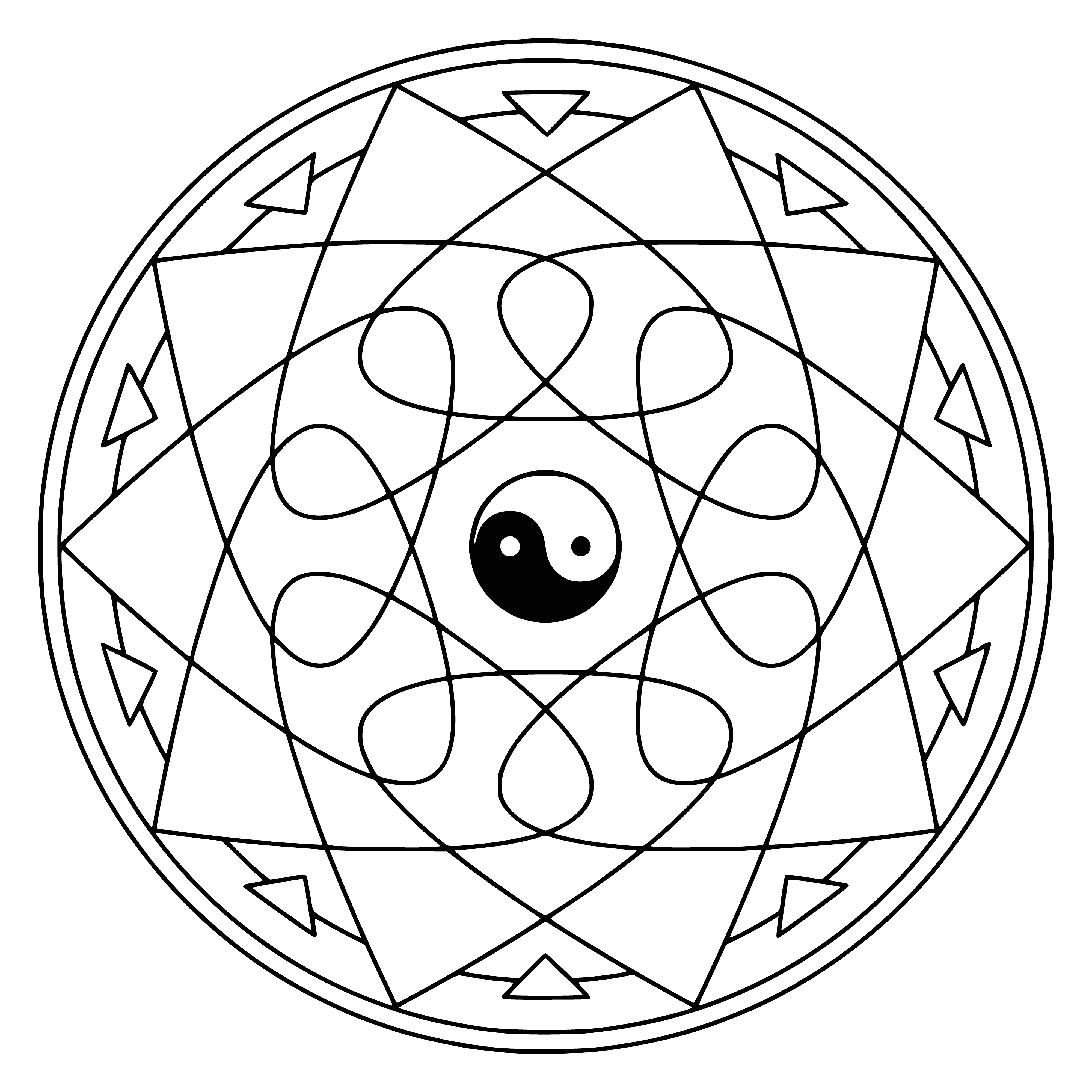 coloring page: Mandala is a sacred symbol used in Hinduism & Buddhism, representing universe & path to enlightenment. Often includes yin-yang, signifying balance of opposites.