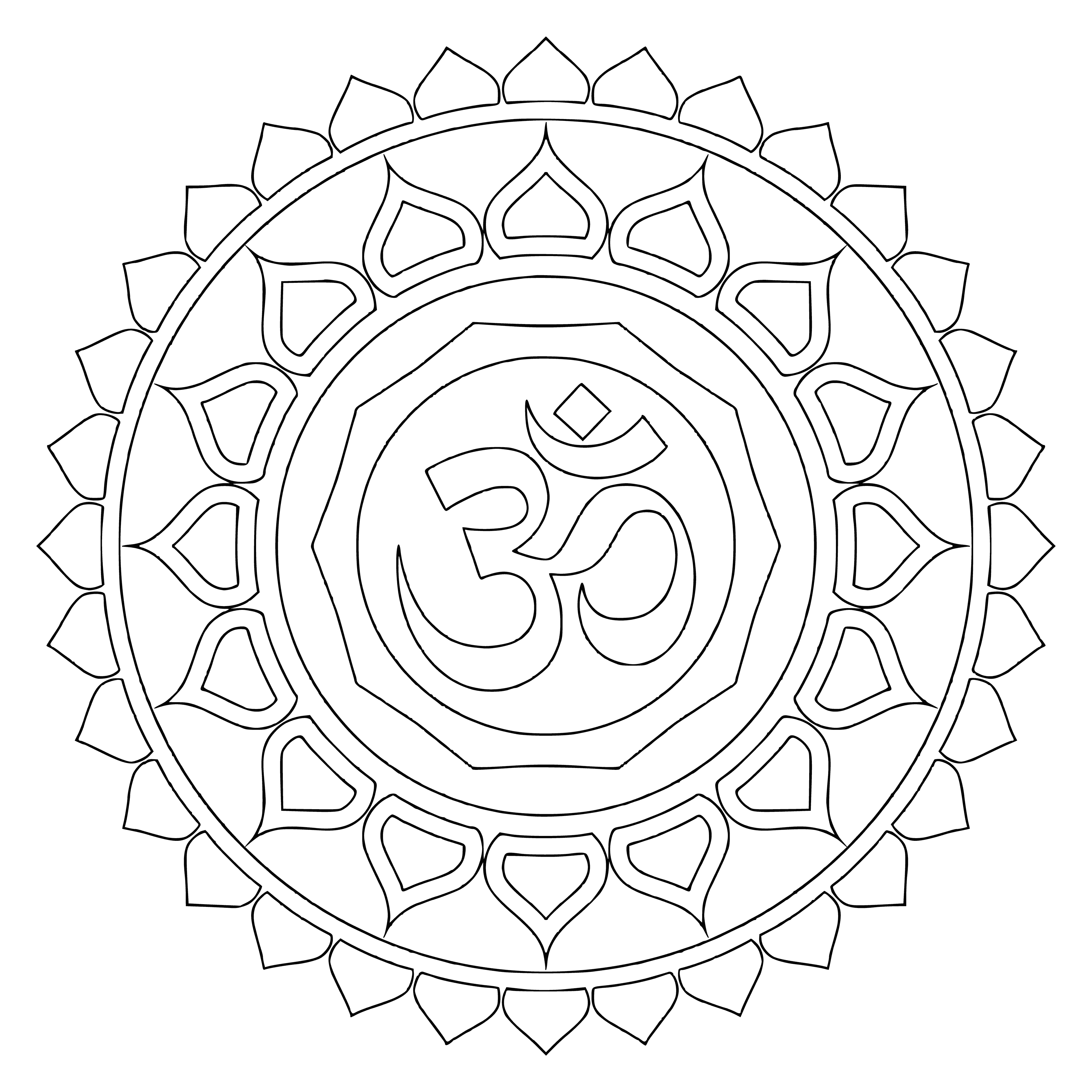 coloring page: Beautiful Mandala featuring the symbol Om in its center and four petals with intricate designs encompassing it.