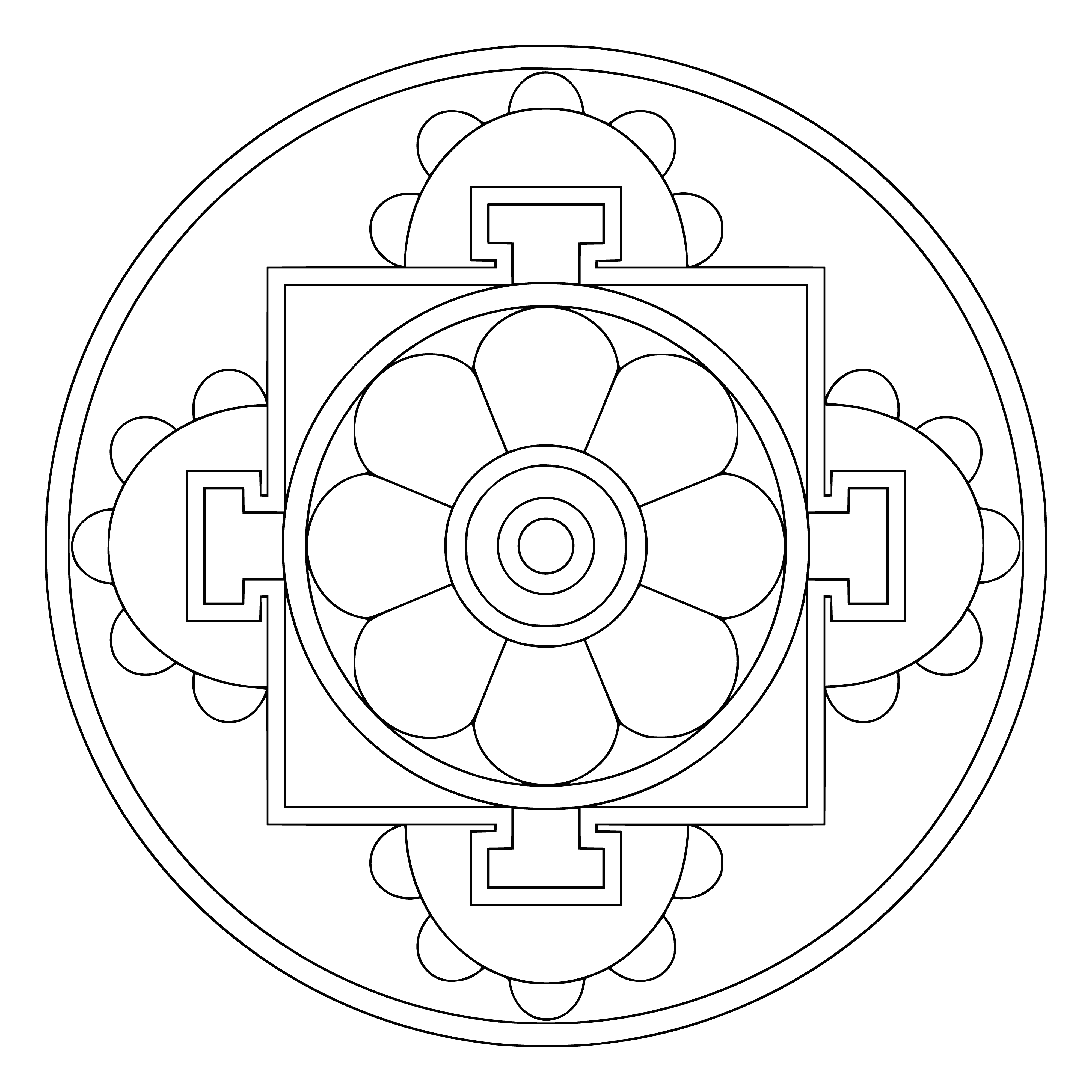 coloring page: A Tibetan mandala is an intricate circular diagram used in meditation and mindfulness. Coloring pages of gods, animals, and symbols are used to achieve a focused state.