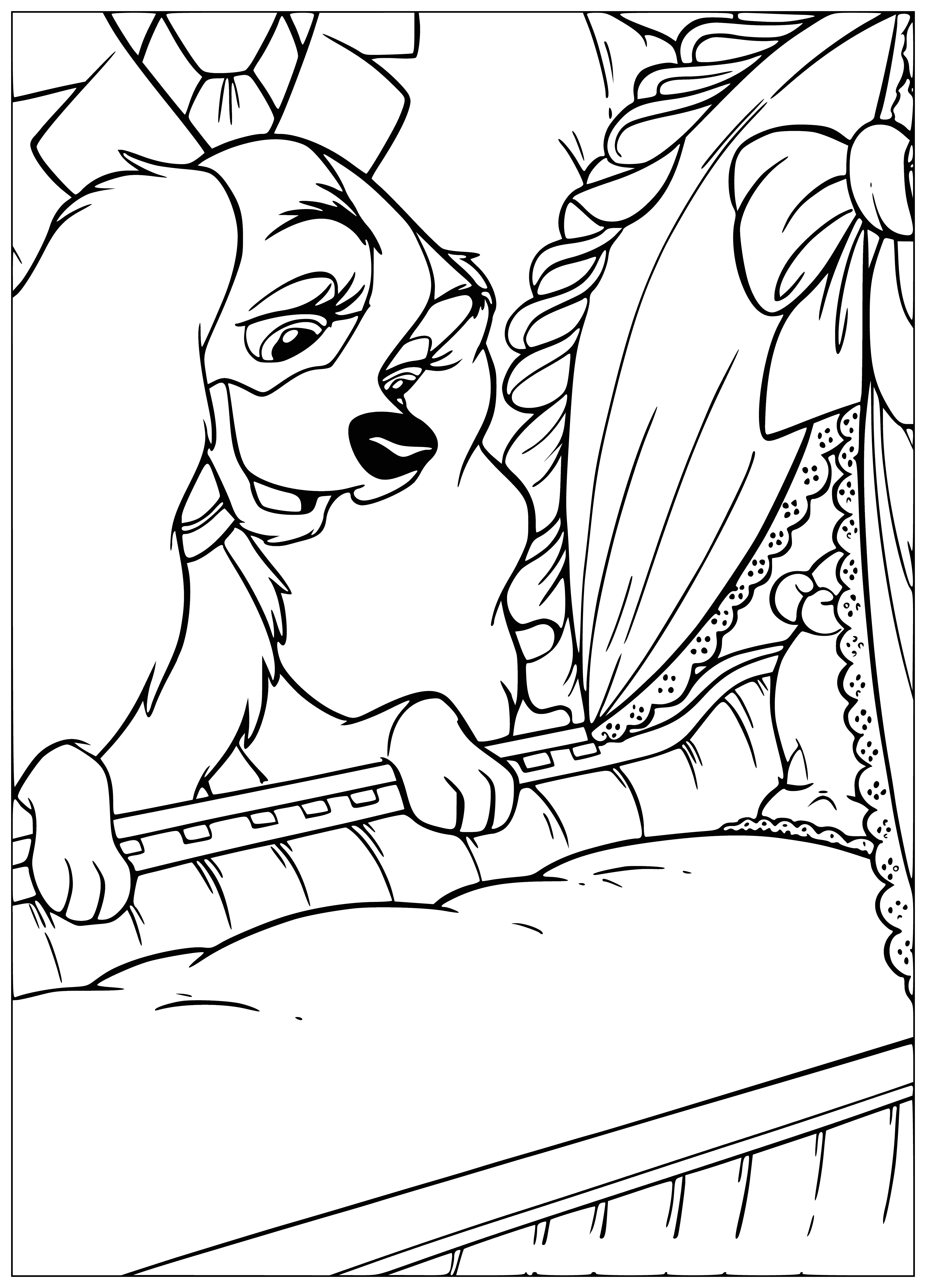 coloring page: Sleeping Lady and Tramp rest peacefully on either side of a cradle in the center of a coloring page. Both are wearing nightwear with long blonde and short brown hair, respectively. #classics #coloring #animation