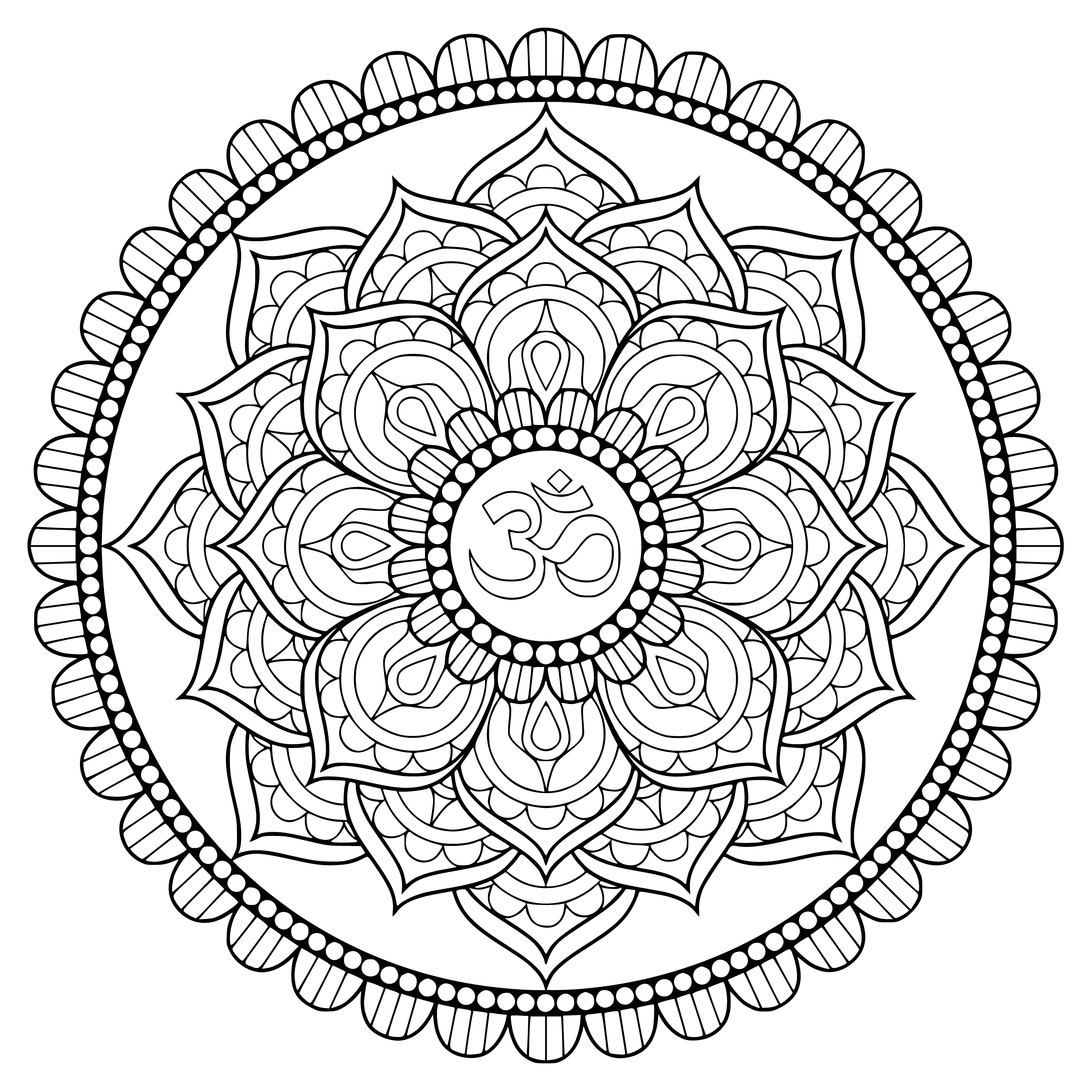 coloring page: A mandala with Om at the center is made of varied patterns, shapes & symbols. #mandala