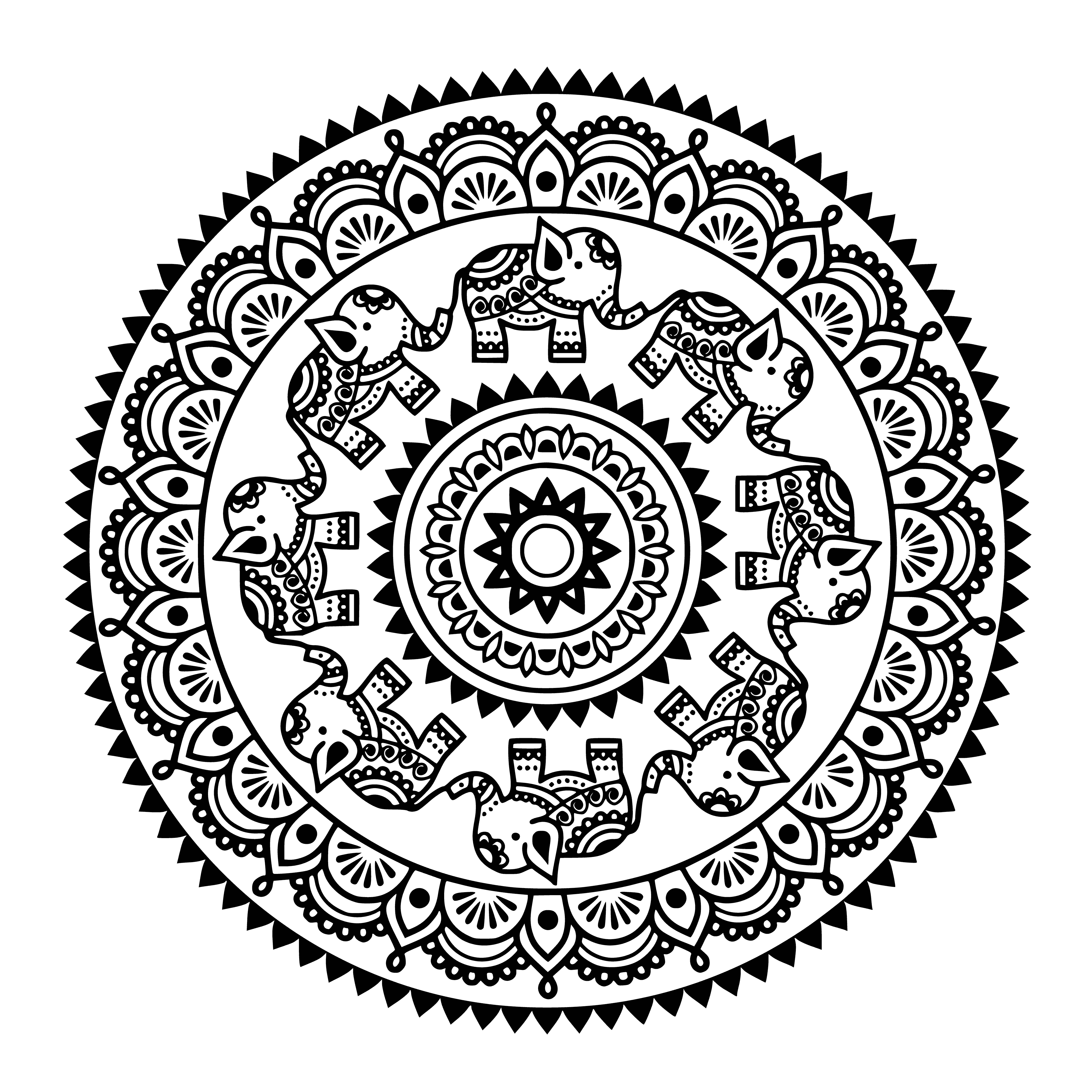coloring page: Design with intricate geometry and details, creating complex shapes within circles.