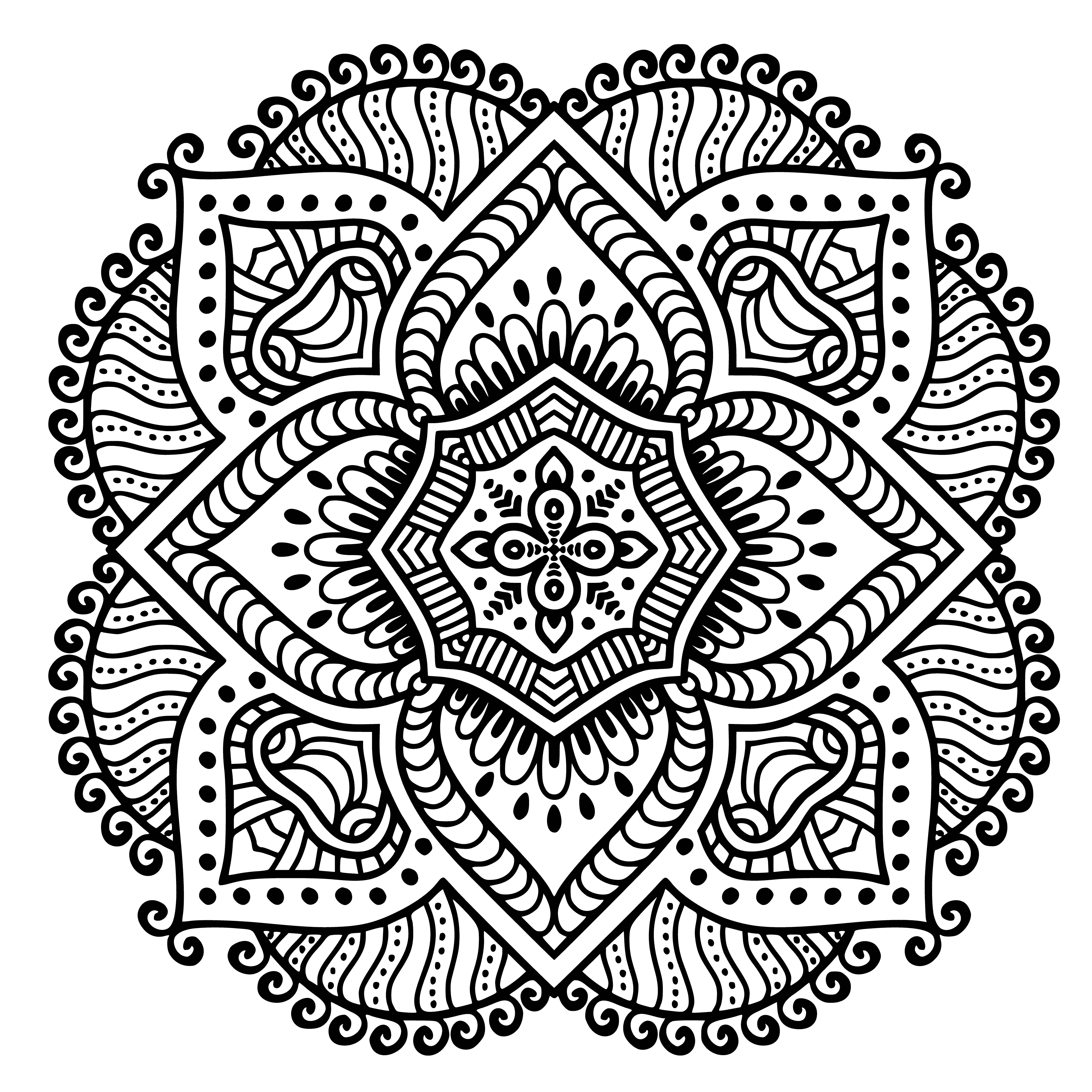 coloring page: Mandalas are symmetrical, intricate designs often used in coloring pages with a central motif.