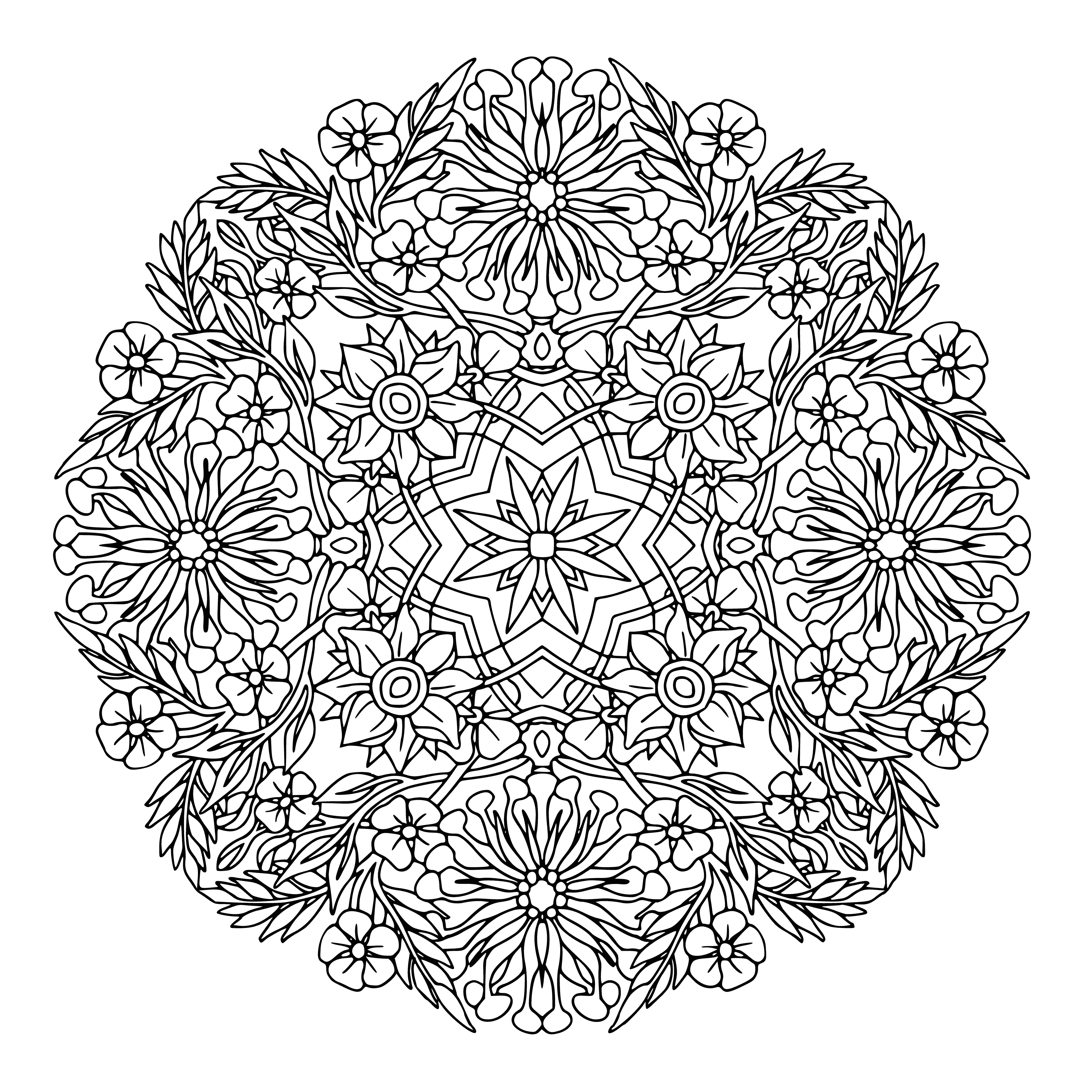 coloring page: Mandala is sacred, circular design used for meditation; center flower petals in various colors, surrounded by circle of flowers.