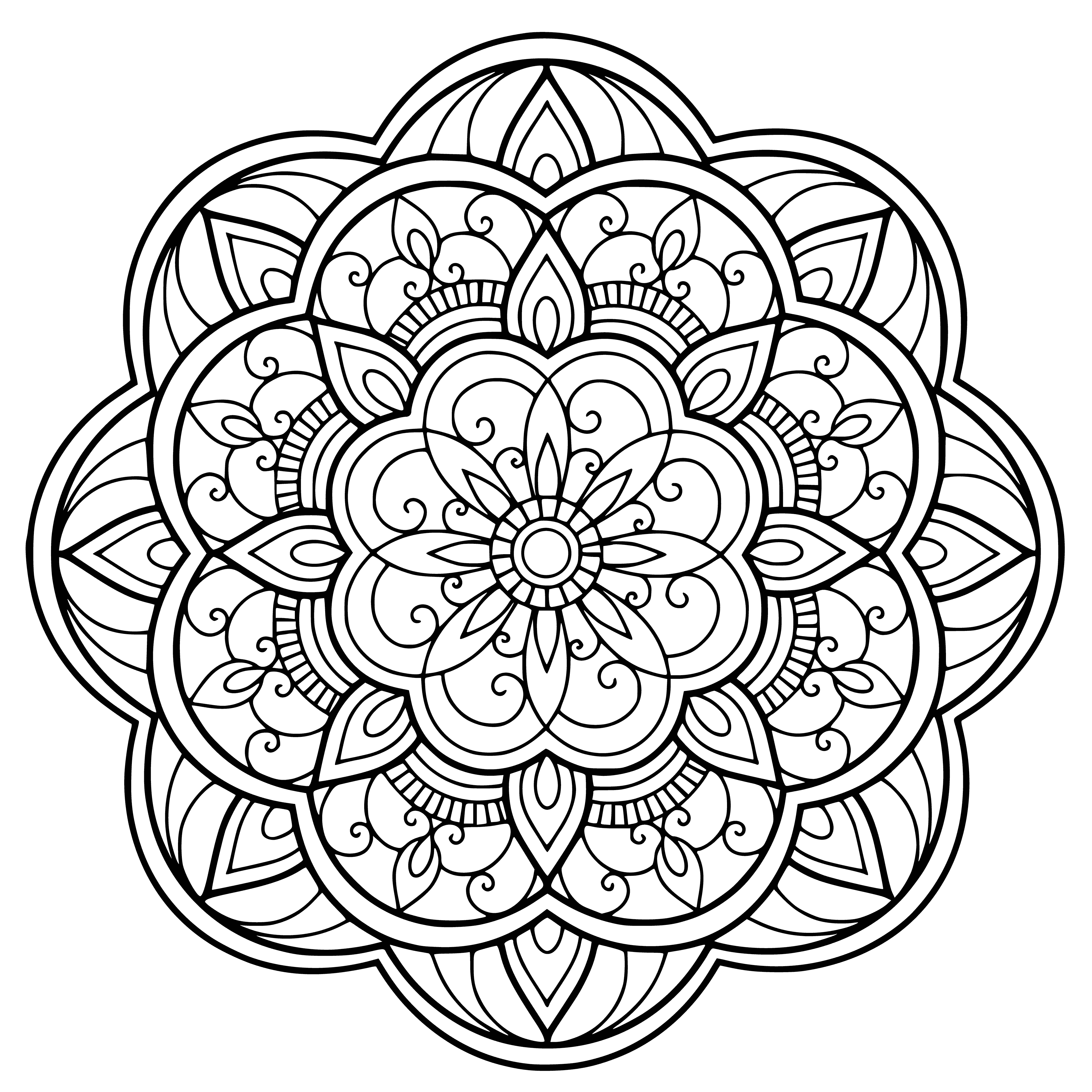 coloring page: A flower mandala symmetrical in design w/center pt. Flowers of blue, purple, pink & white, some w/patterns, others solid. Leaves & vines entwined.