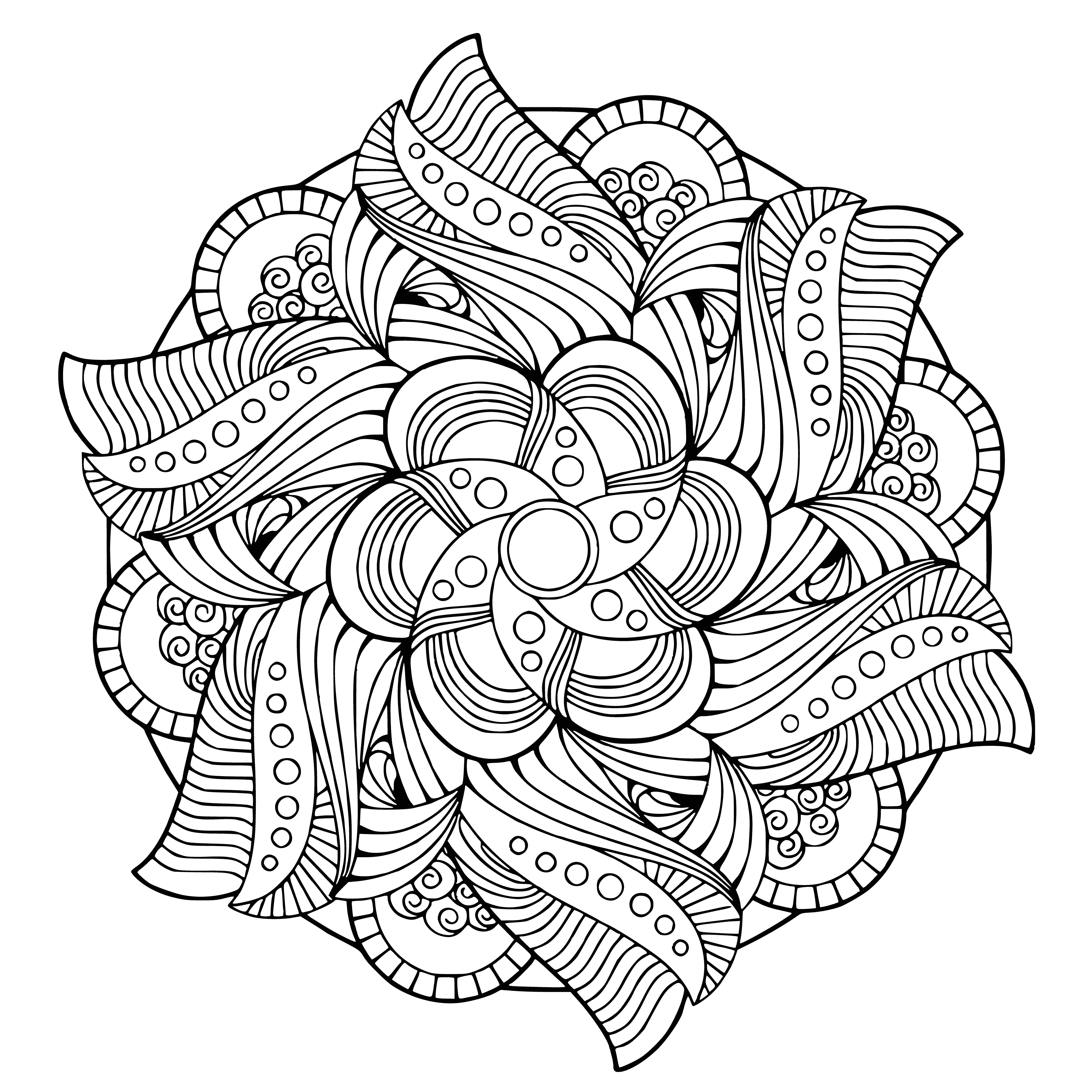 coloring page: Beautiful flower mandala w/8 large flowers and many small ones, w/vibrant colors, & empty center- perfect for relaxing adult coloring.