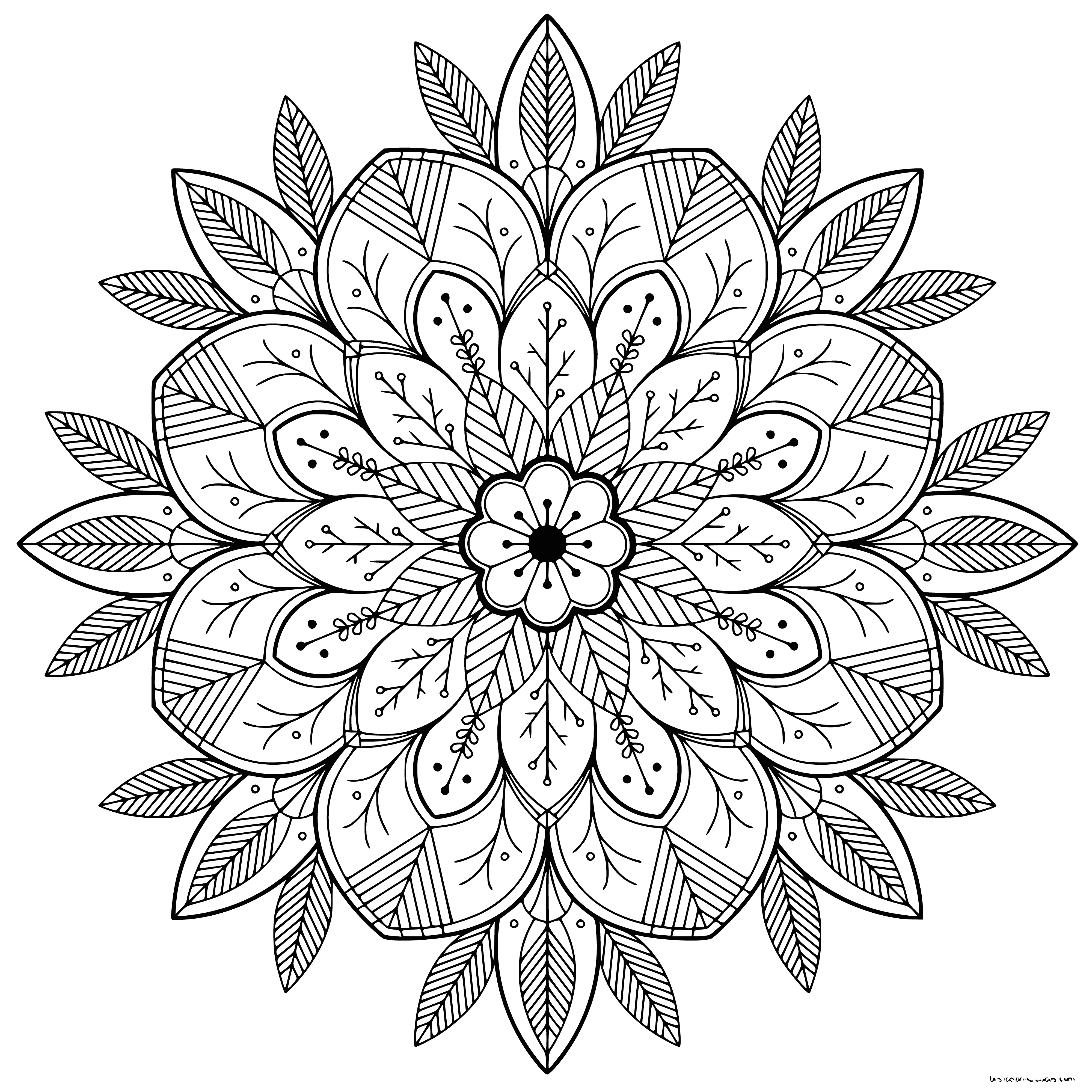 coloring page: Large flower mandala in center of page; majority yellow, orange, pink, purple, surrounded by green border.