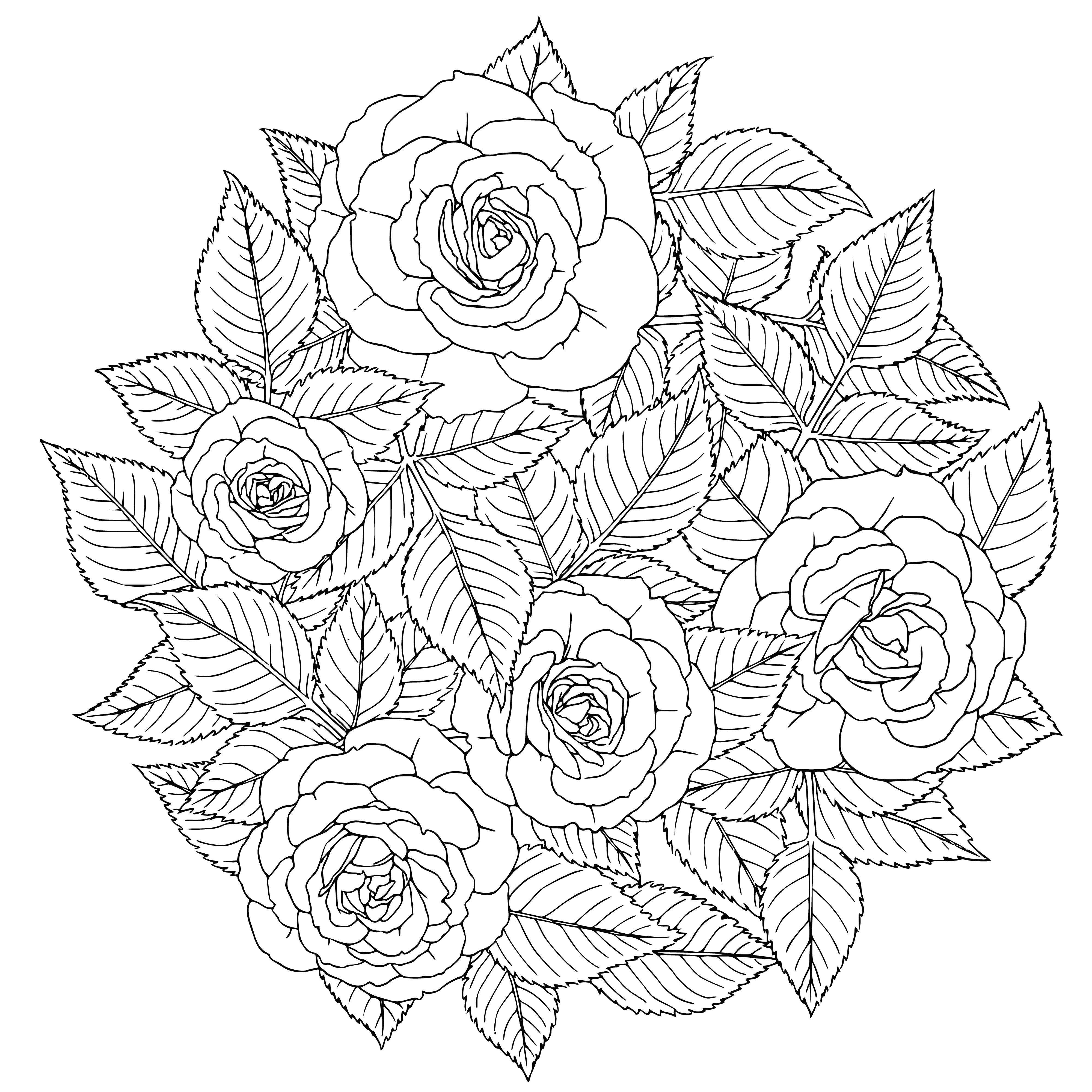 coloring page: Coloring page of a big bouquet of roses in shades of pink and red, with a single white rose in the center and intertwining vines and leaves.