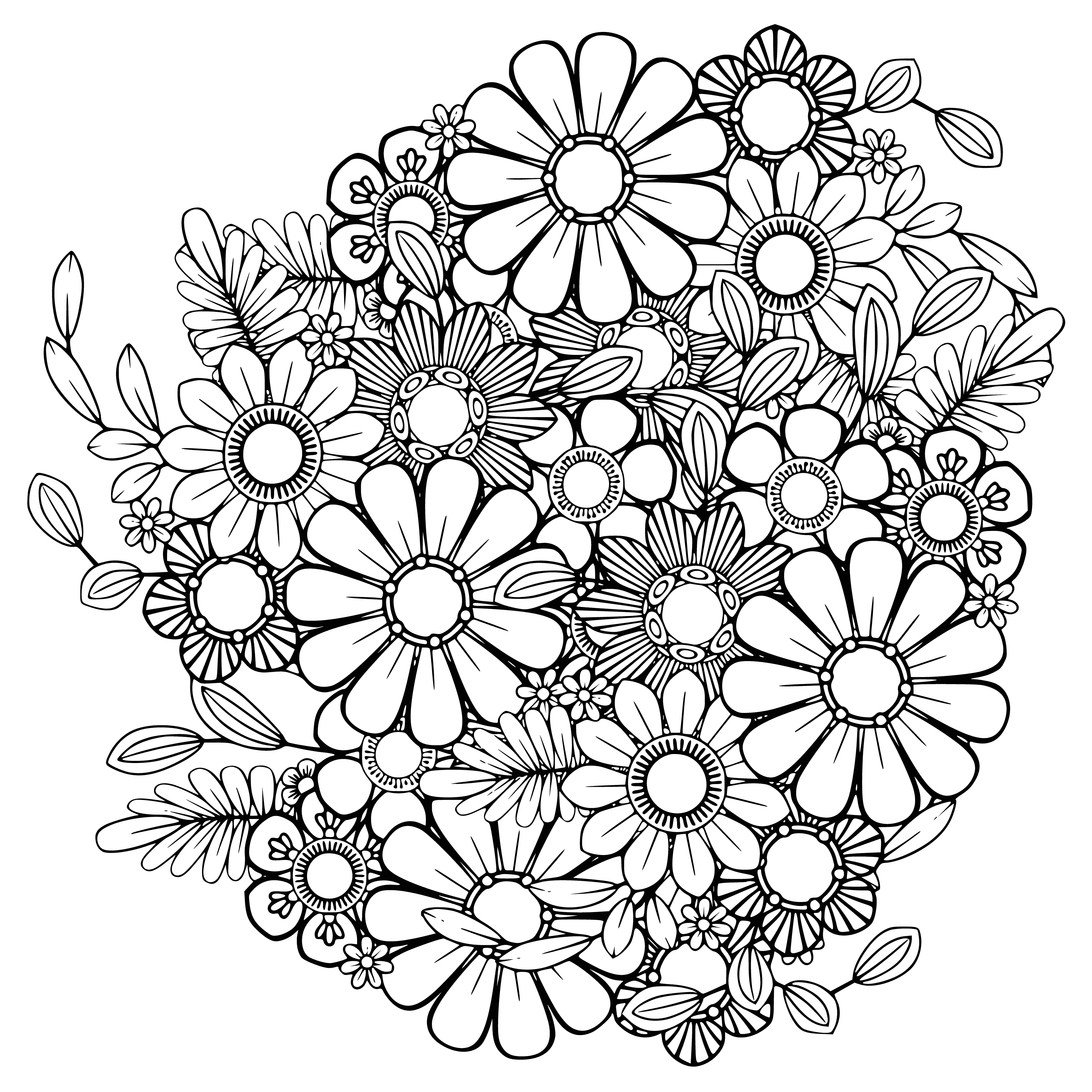 coloring page: A variety of flowers with leaves & no leaves, multi-colored & single colored, big & small.