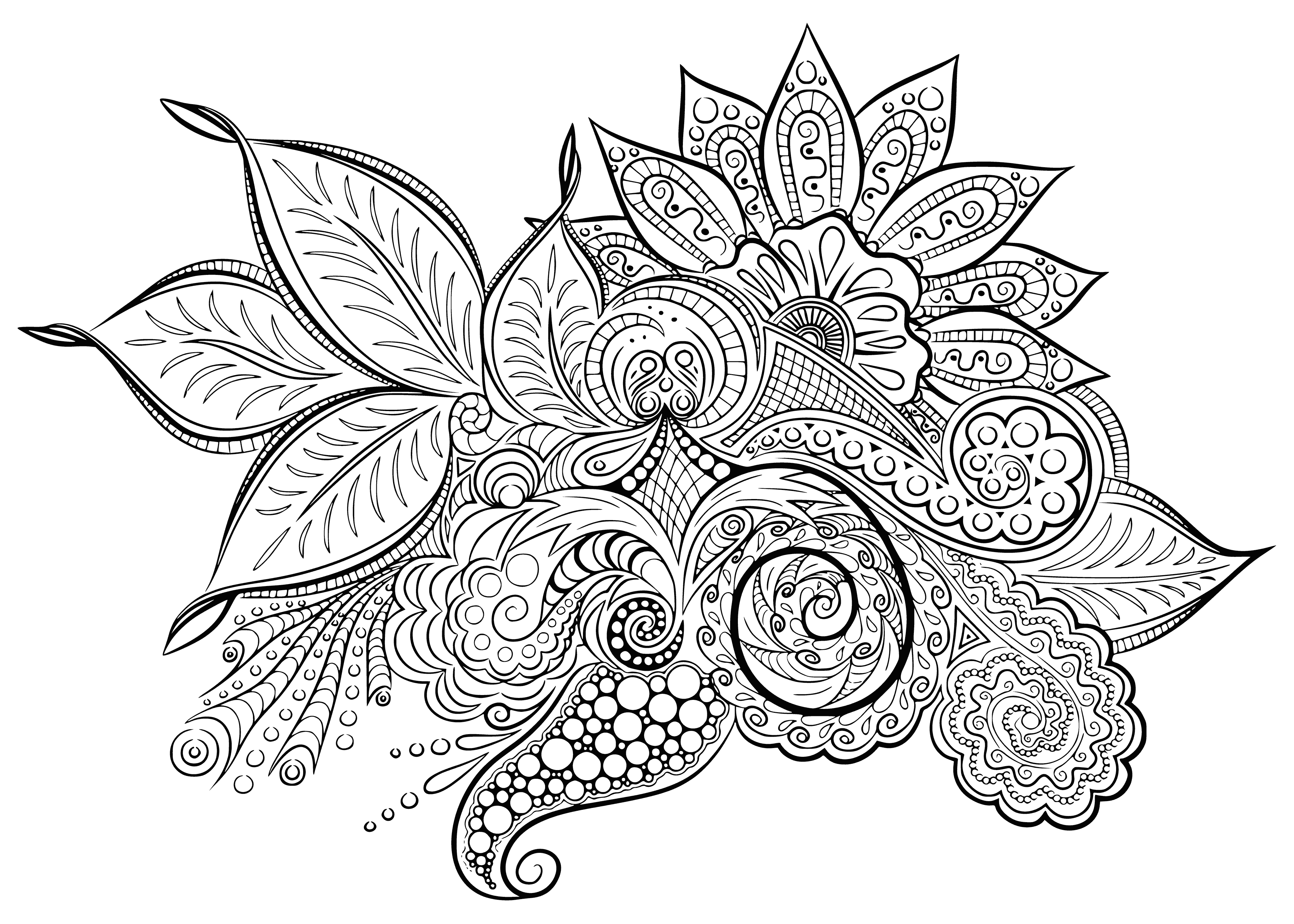 coloring page: A relaxing coloring design with bold black lines and pretty flowers, perfect for those wanting to zone out.