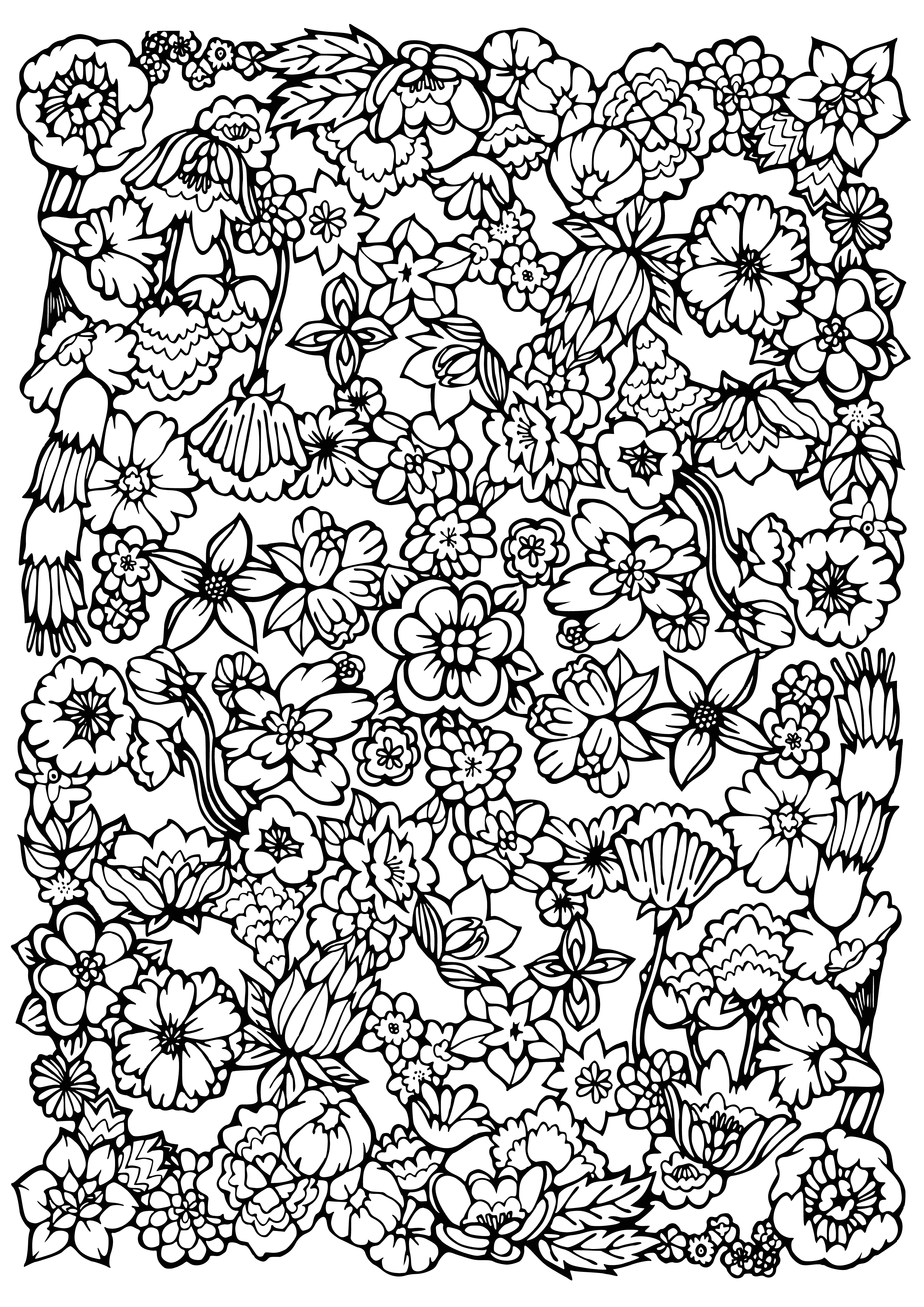 coloring page: Assorted flowers blooming with bees, petals of different colors, yellow centers, green grass, blue sky--this coloring page has it all! #coloring #flowers