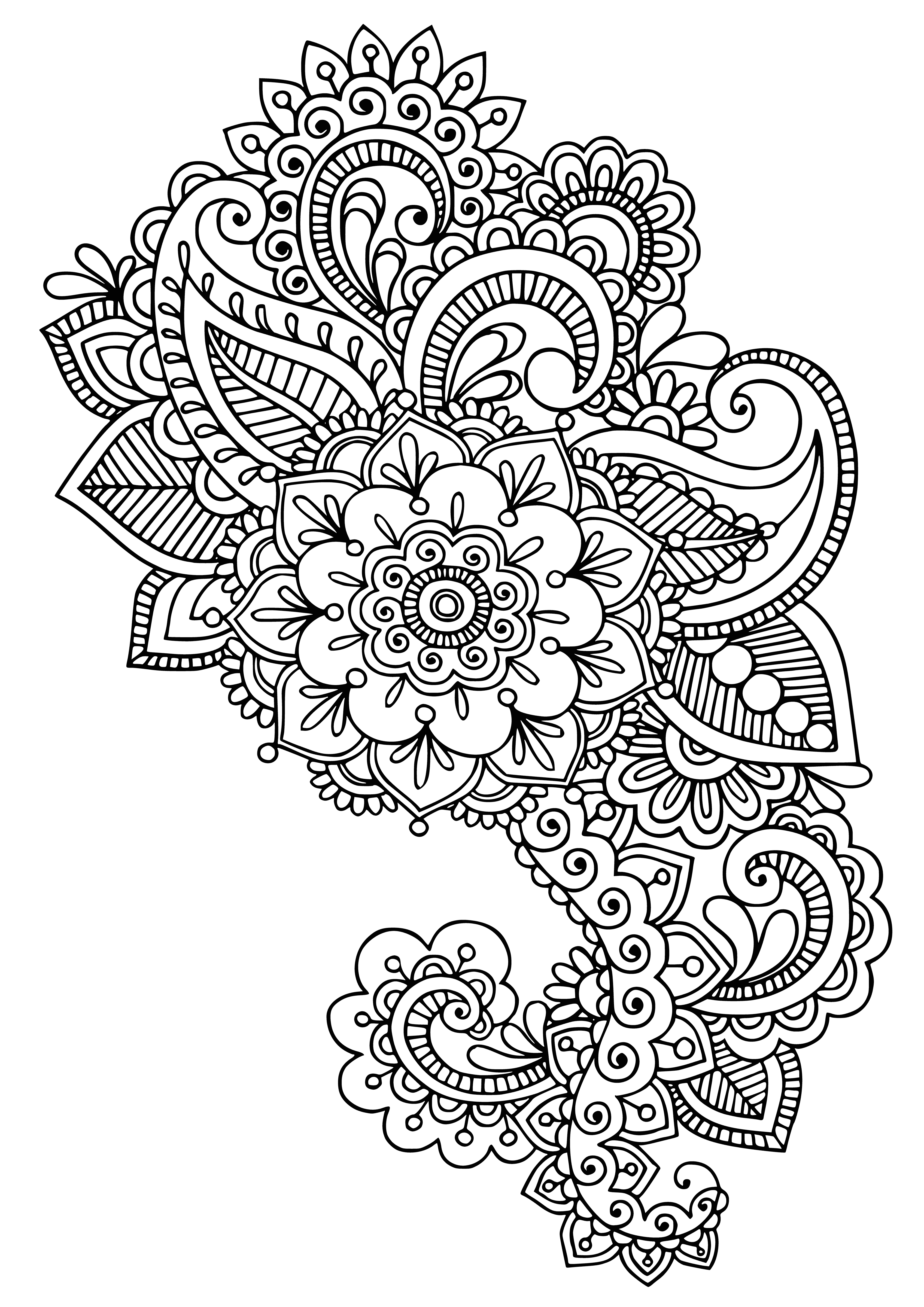 coloring page: Large & small flowers in unique shapes & colors create a multihued pattern of petals, leaves & stems.
