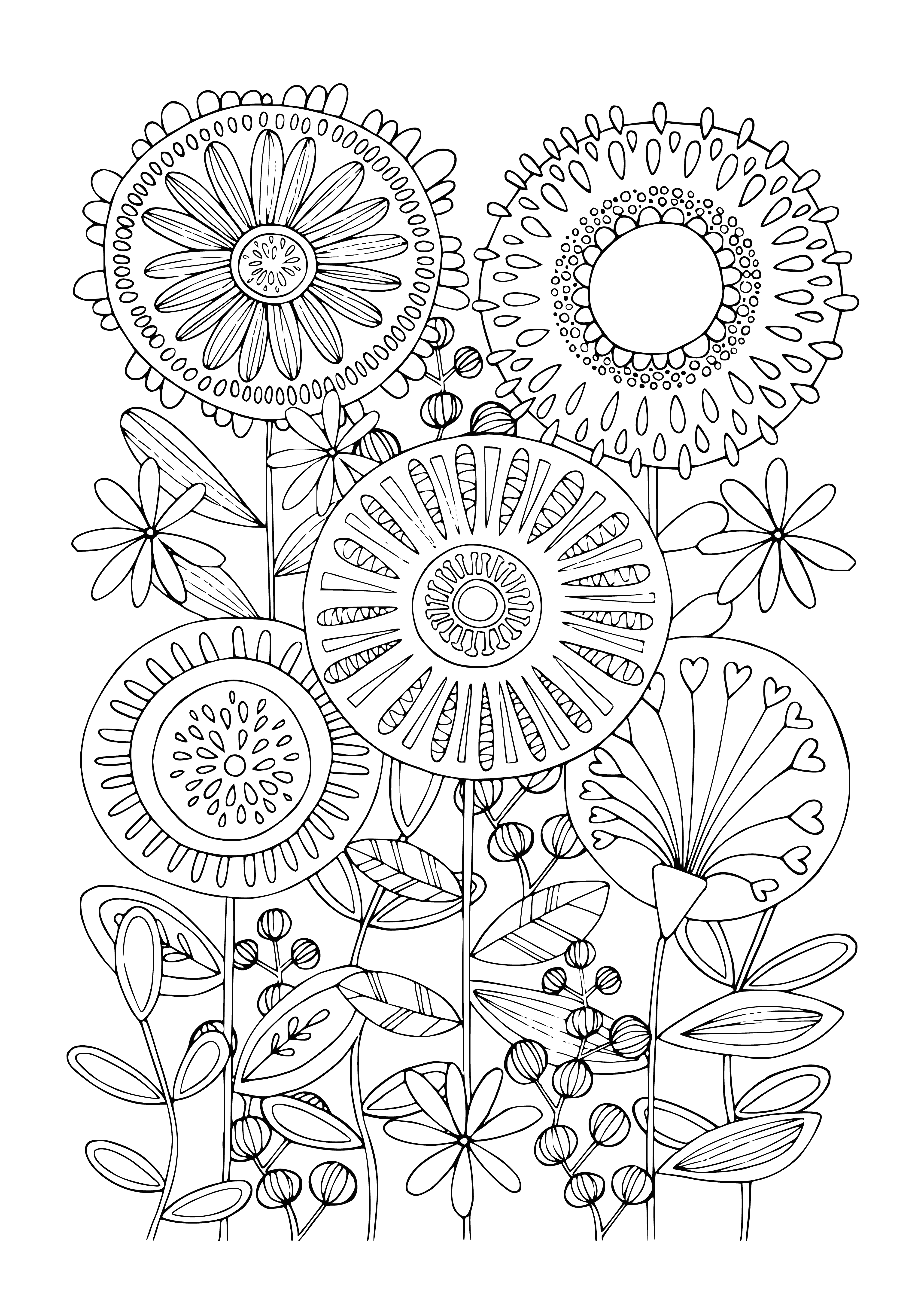 coloring page: A black & white coloring page of various flowers including roses, lilies, daisies & tulips in full bloom & bud form.