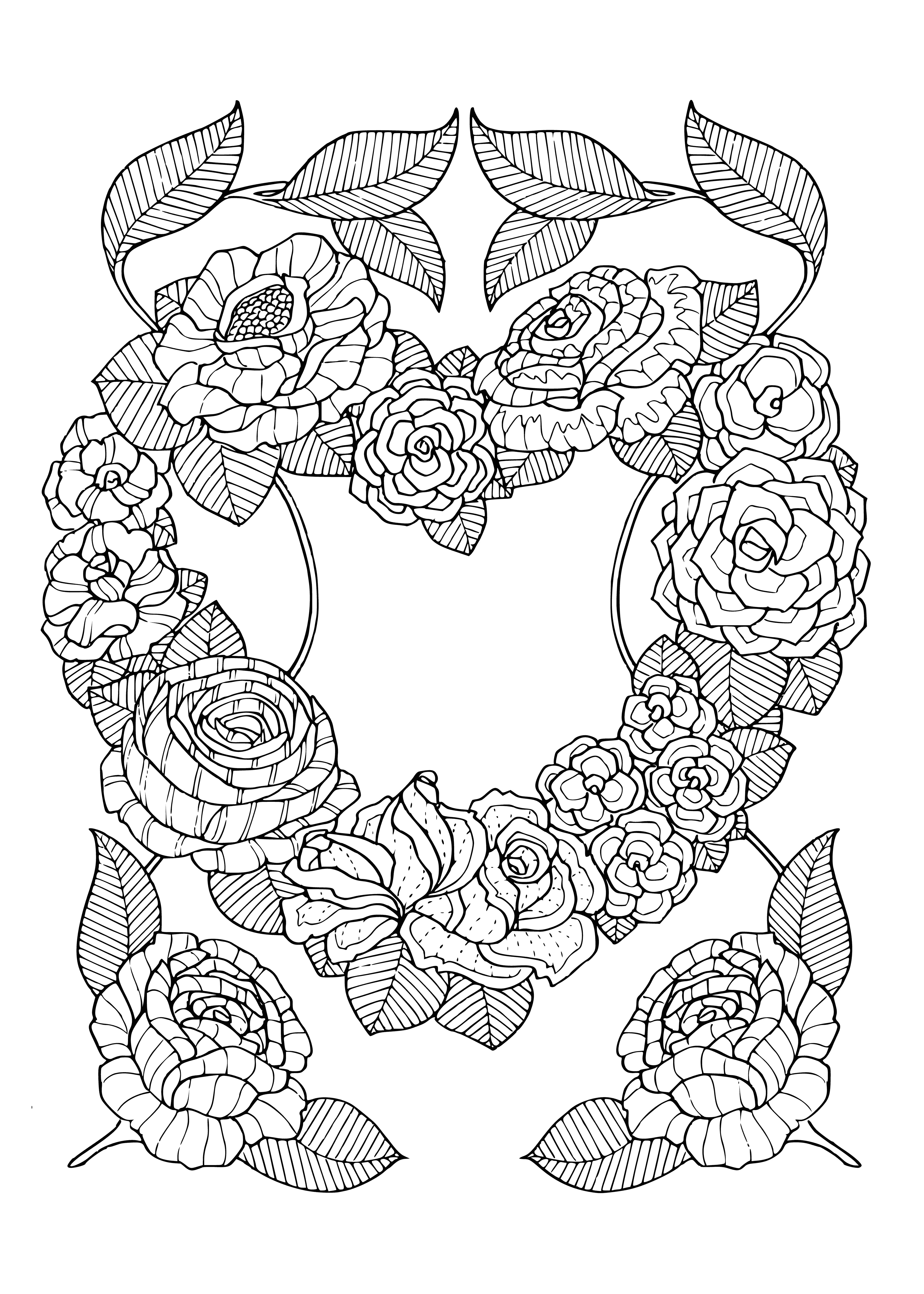 coloring page: A variety of colorful flowers and their unique petals and stems, against a beautiful background of blues, greens, and purples.