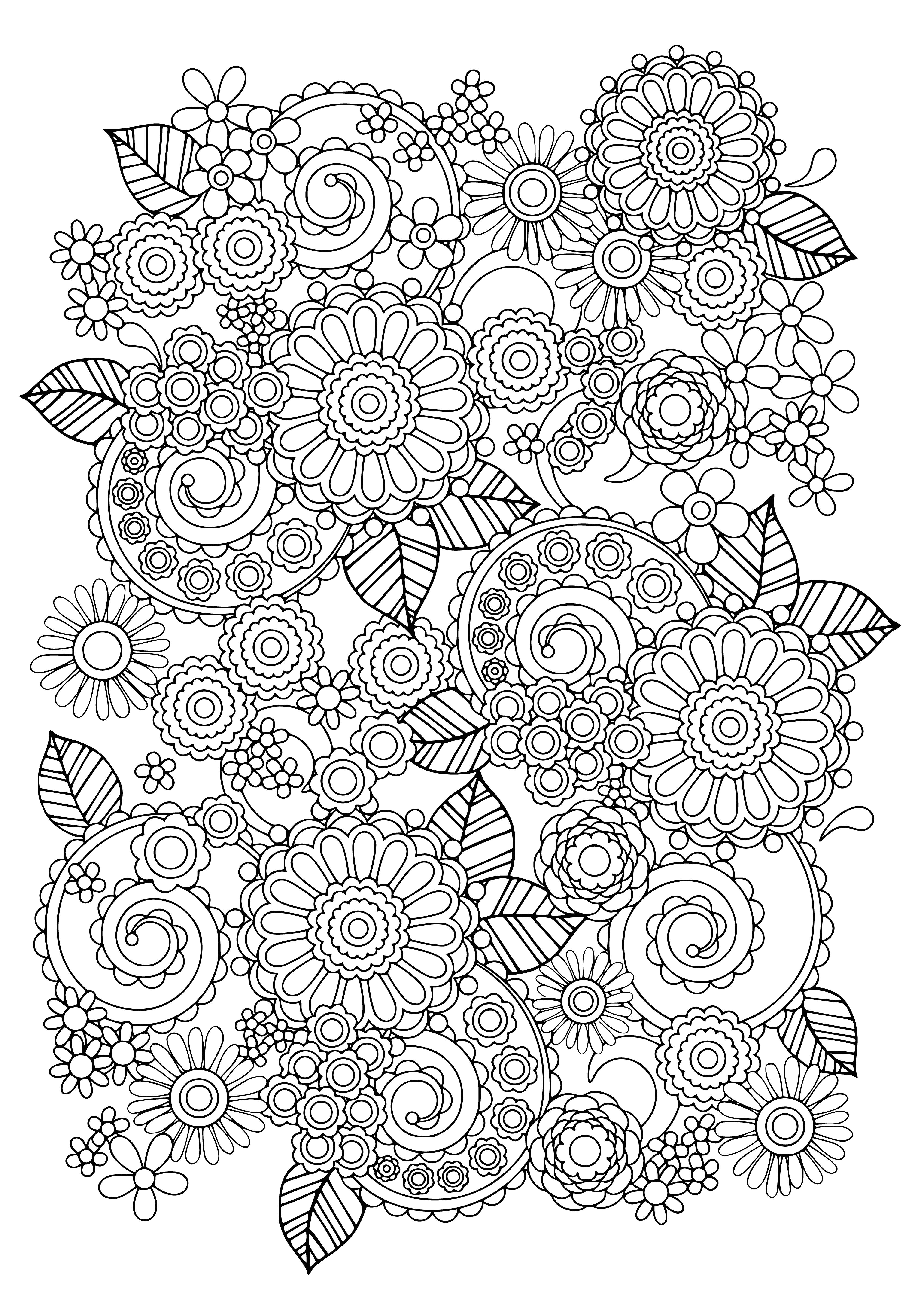 coloring page: Pretty coloring page w/ bright flowers -- big one in center, small ones around it -- looks very relaxing!