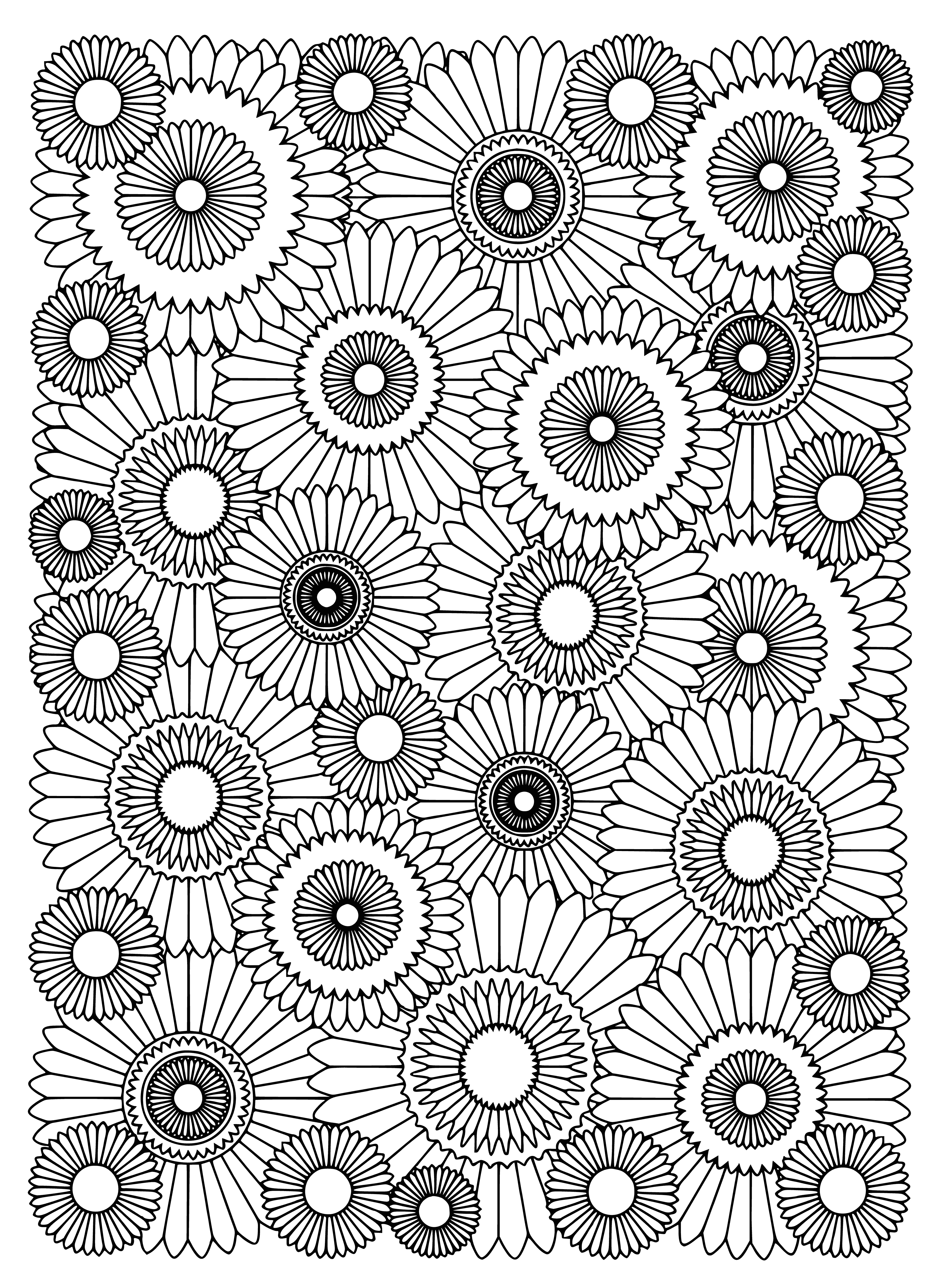 coloring page: Beautiful flowers of varying color and size arranged in a calming gradient background. Each flower detailed with its own pattern and leaves.