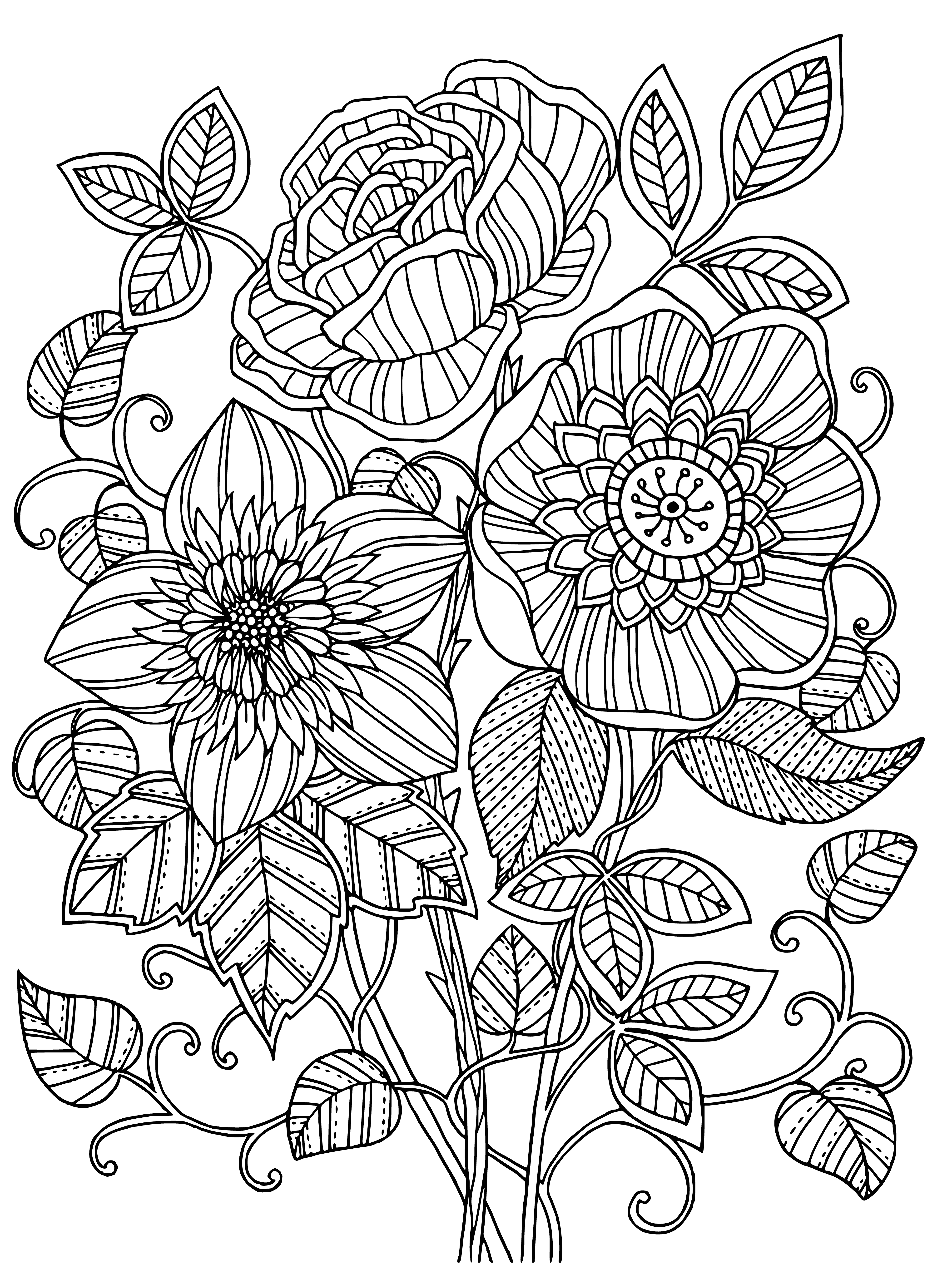 coloring page: Beautiful flower garden coloring page featuring different colors and an eye-catching arrangement.