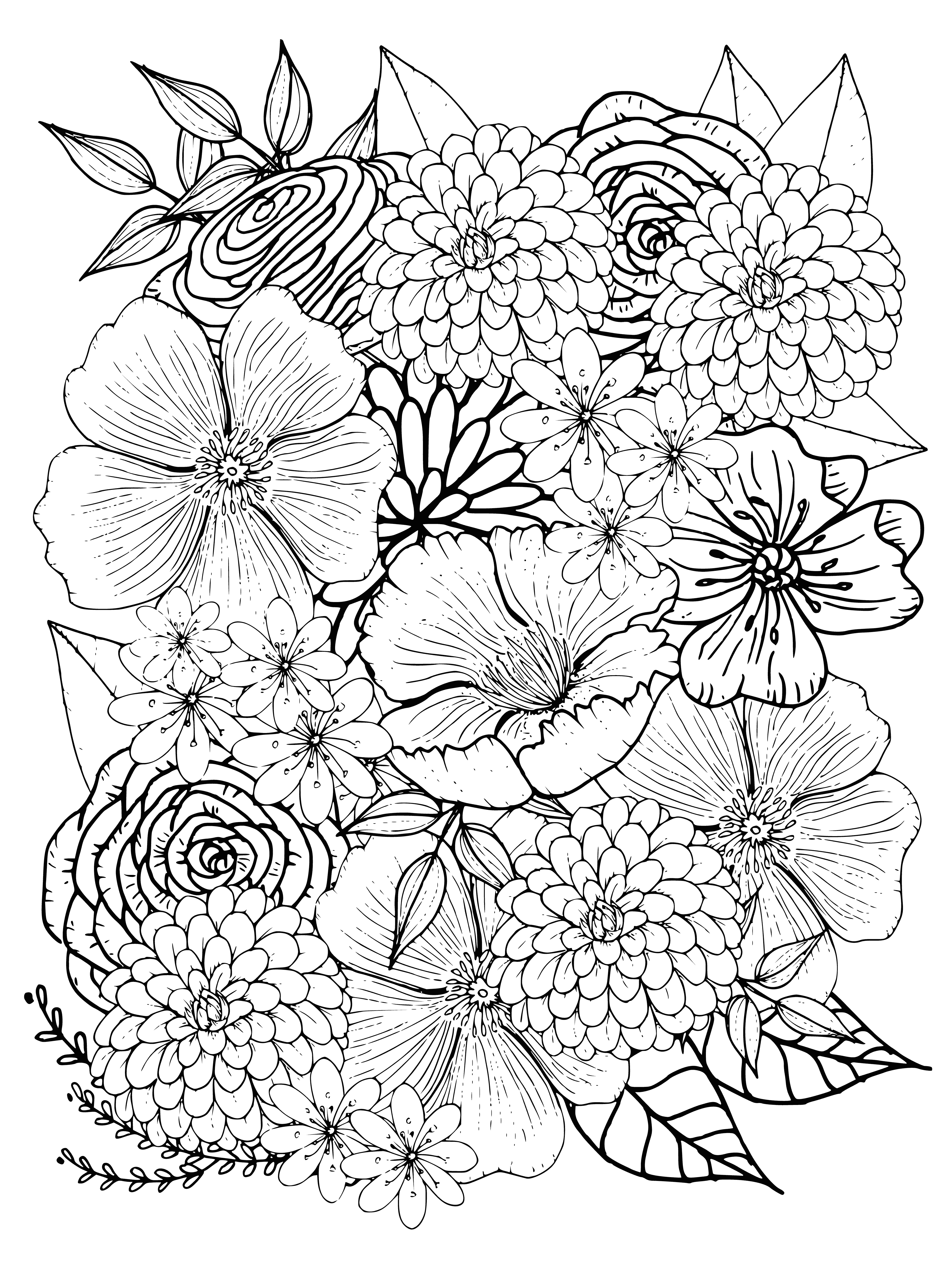 coloring page: Adult coloring book page with different flowers of various colors and patterns. #AdultColoring