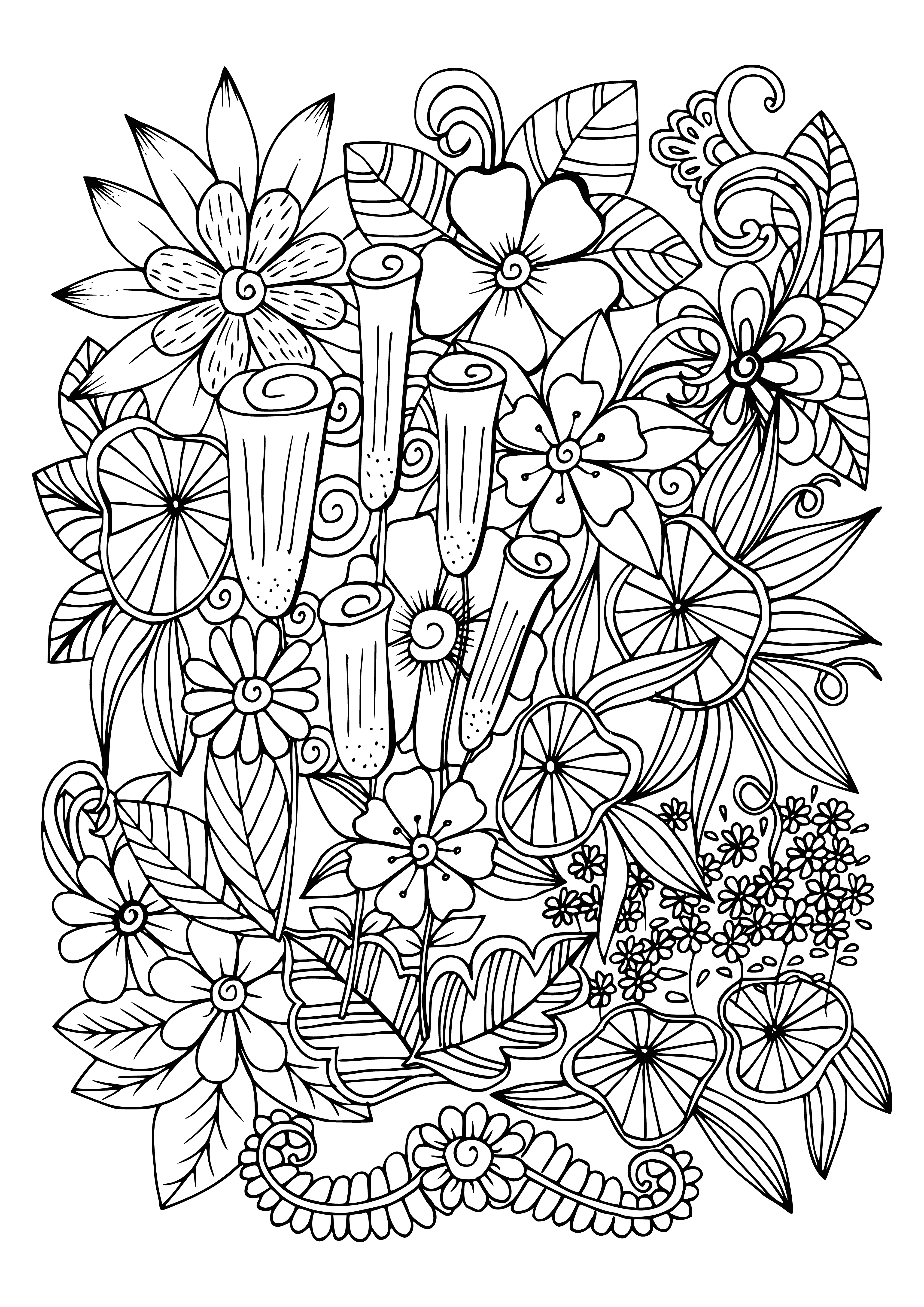 coloring page: An array of multi-colored flower petals & intricate designs bloom in a variety of patterns.