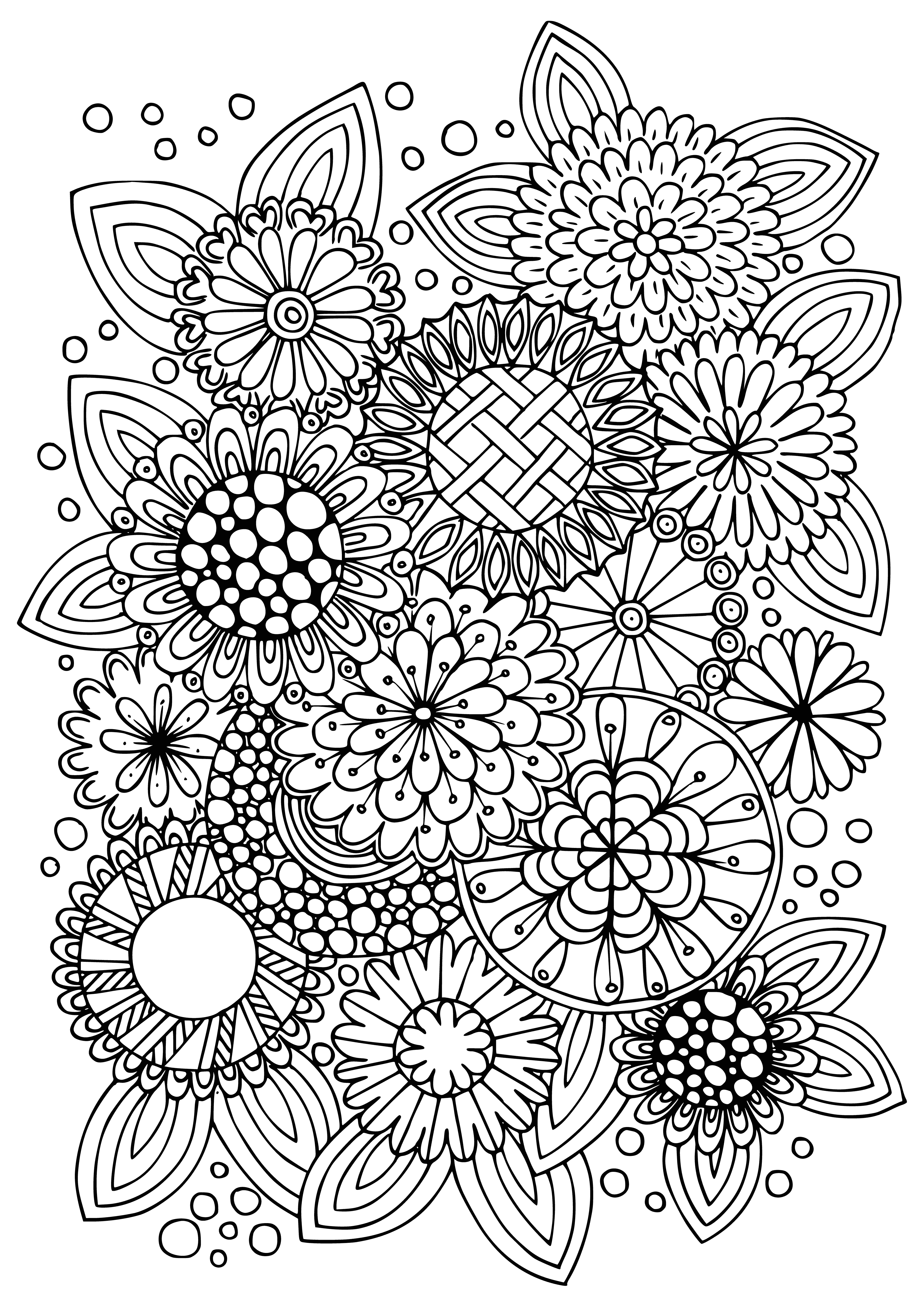 coloring page: 140 characters: A variety of flowers in different stages of bloom & colors ranging from white to pink to purple; mixed with green leaves - perfect for adults to color!