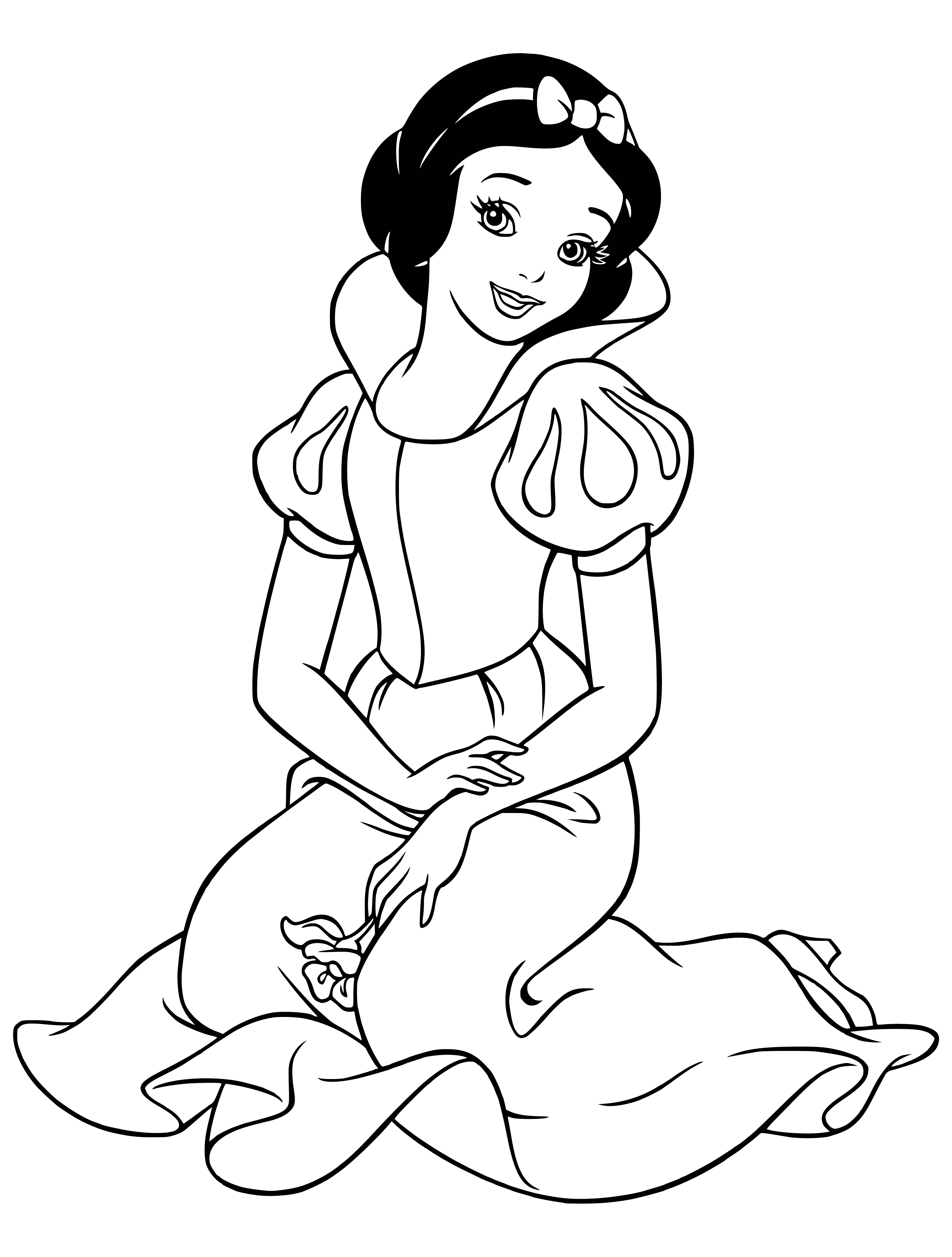 coloring page: Snow White is in a blue and white dress with a red bow, with black curly hair. She is surrounded by seven small men in red and white hats with beards.
