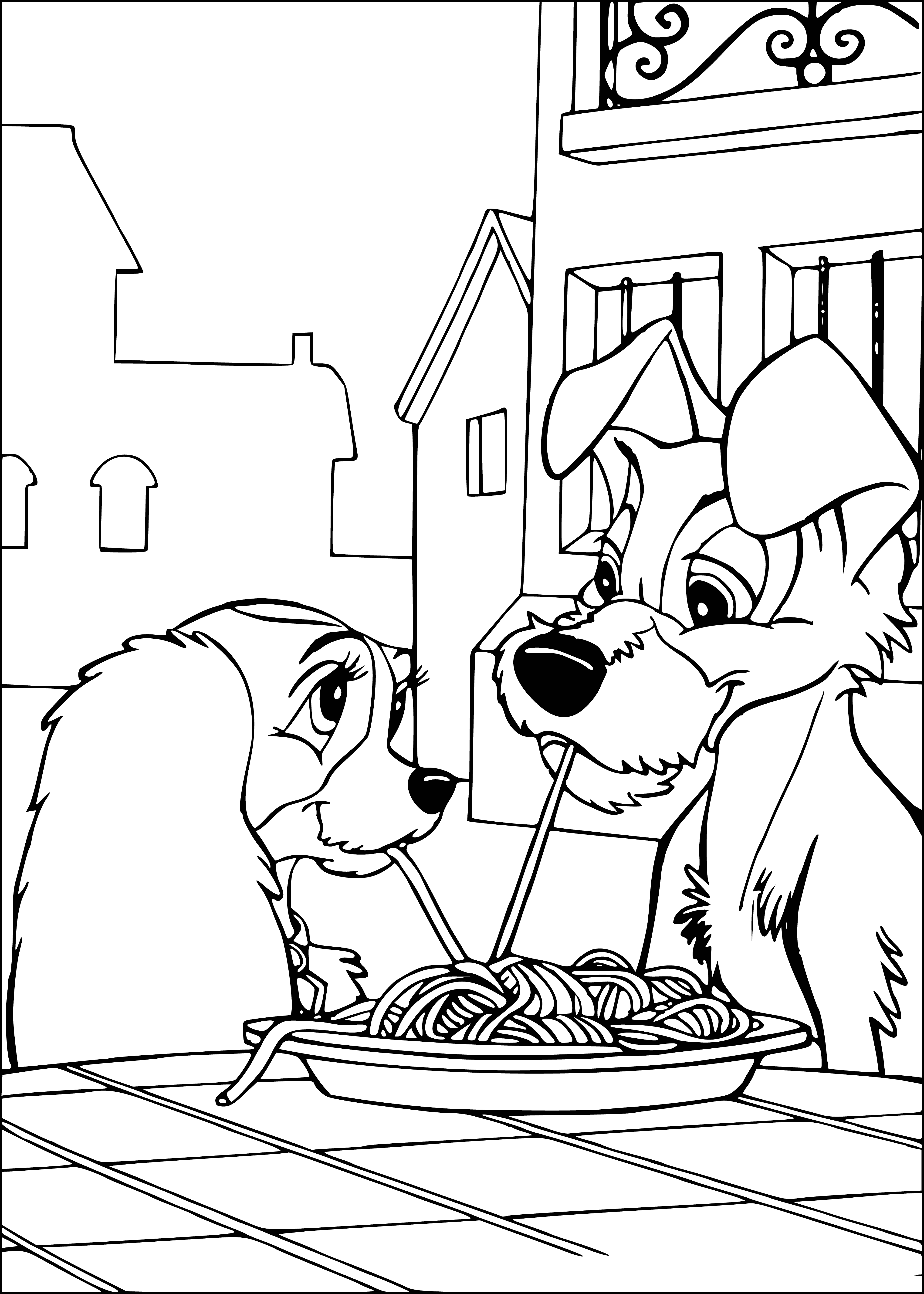 coloring page: Lady and the Tramp are having a playful moment, with the rat standing on the dog's head and the beige pup with its tongue out.