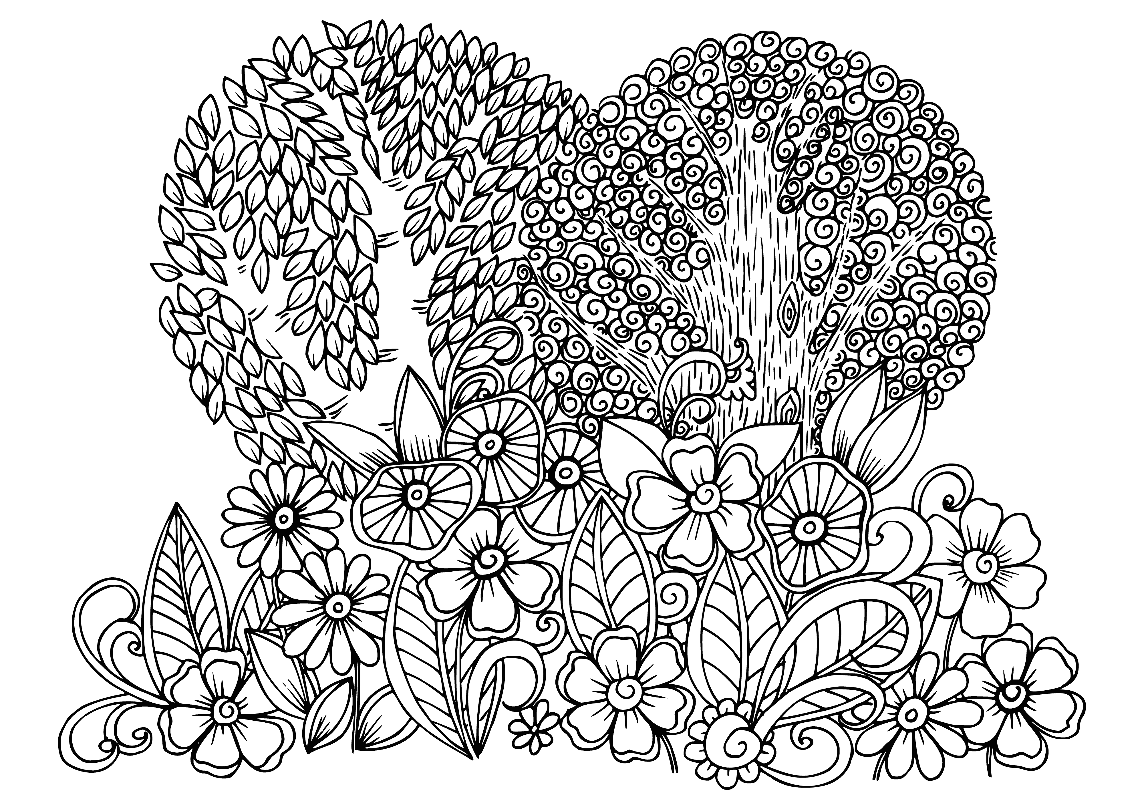 coloring page: Bright flowers of various colors fill this coloring page; yellows, whites, pinks & purples make up the delightful display!